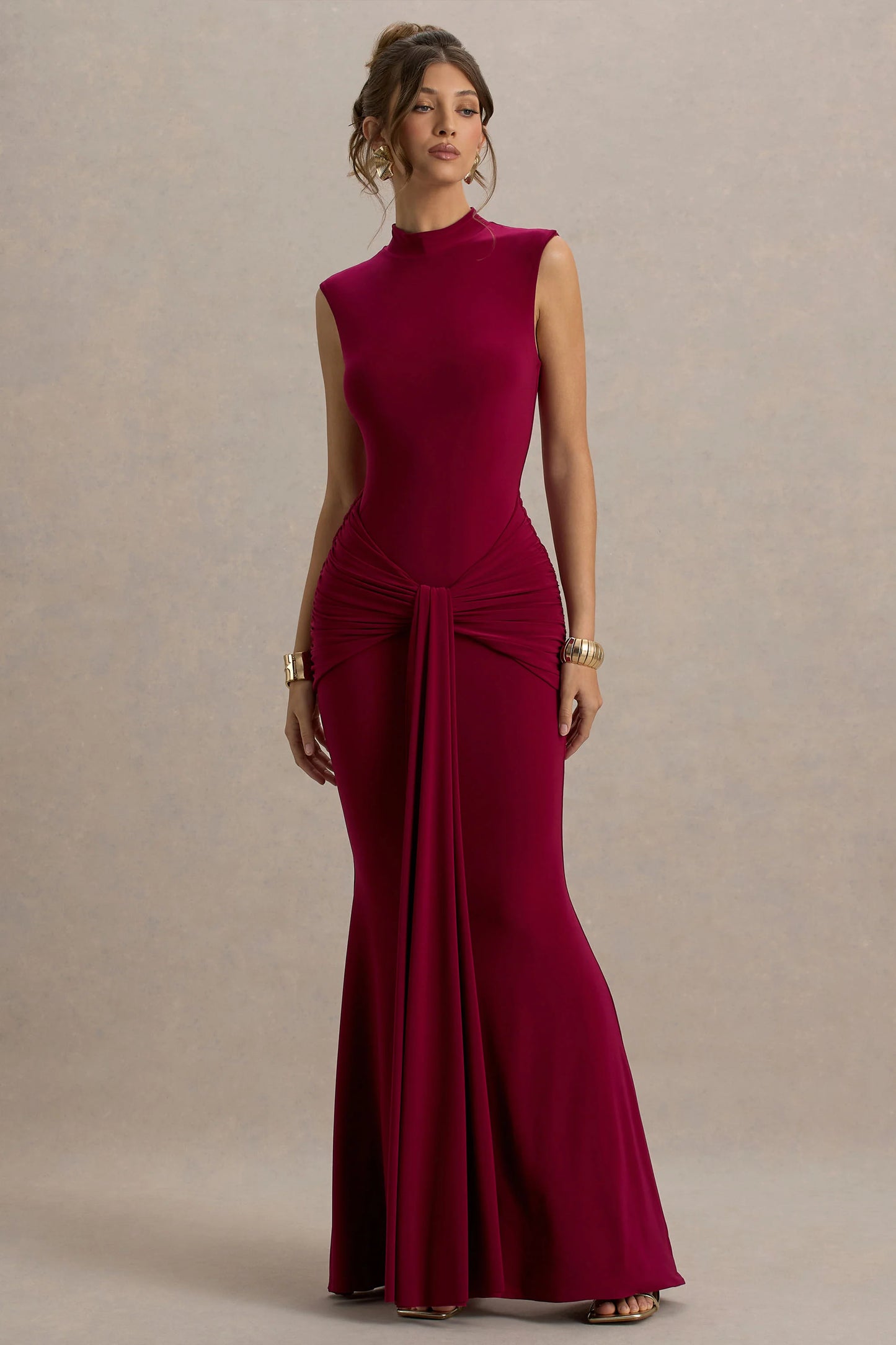 Graziana Burgundy High-Neck Gathered Draped Maxi Dress