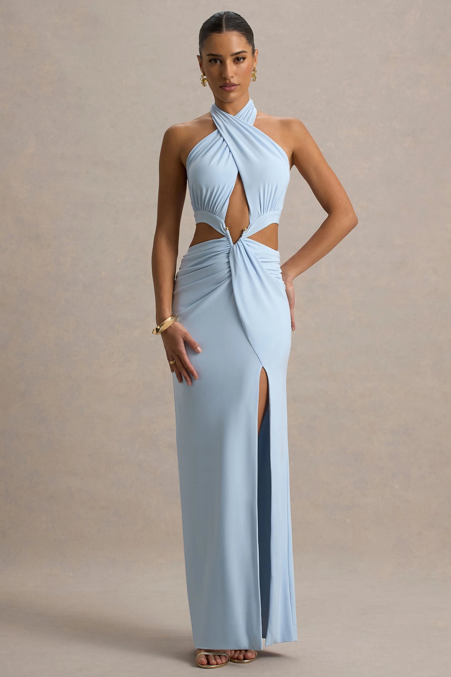Aura Powder Blue Halter-Neck Cut-Out Split Maxi Dress