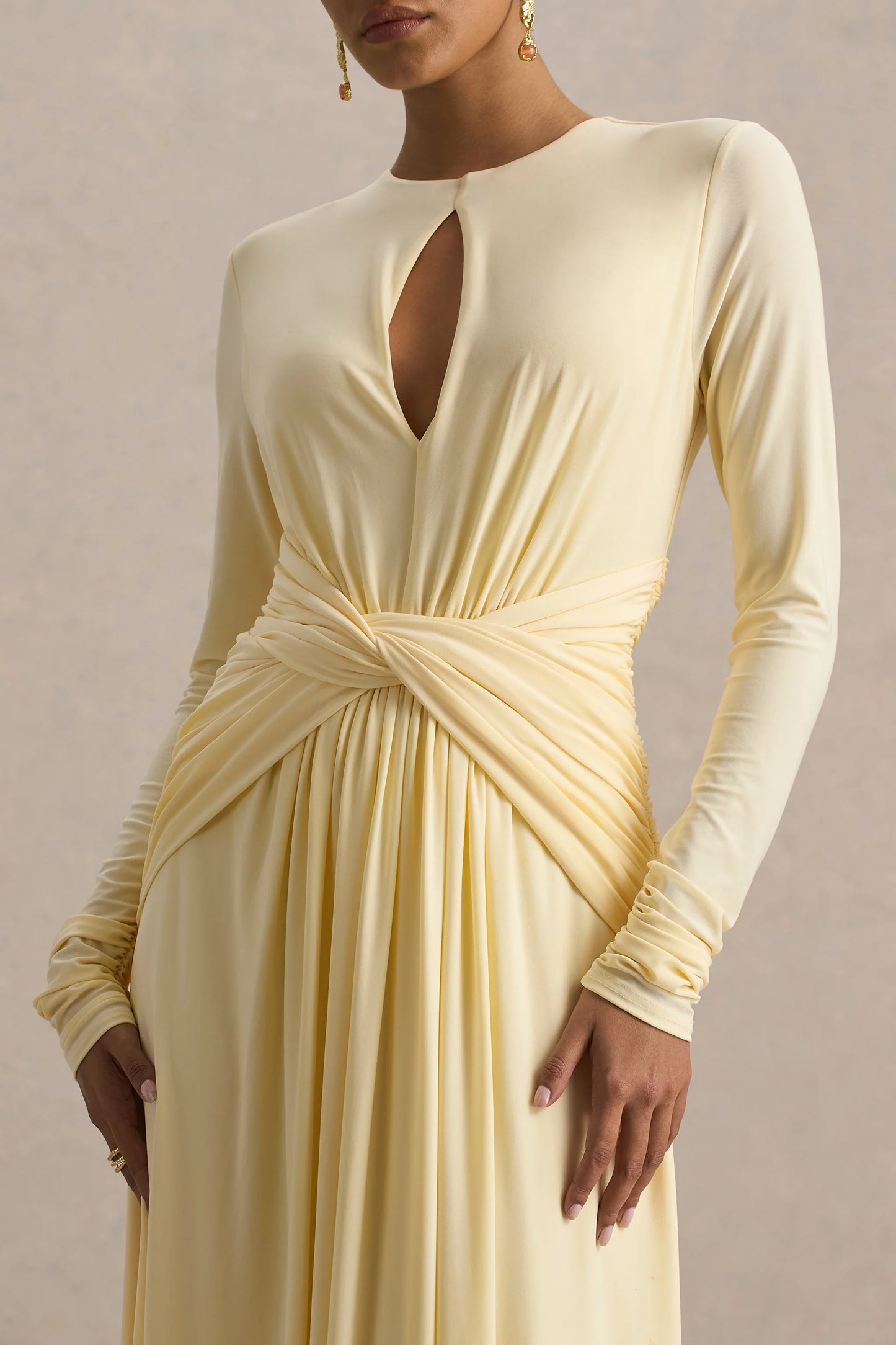 With Me Lemon High-Neck Maxi Dress With Ruched Detailing