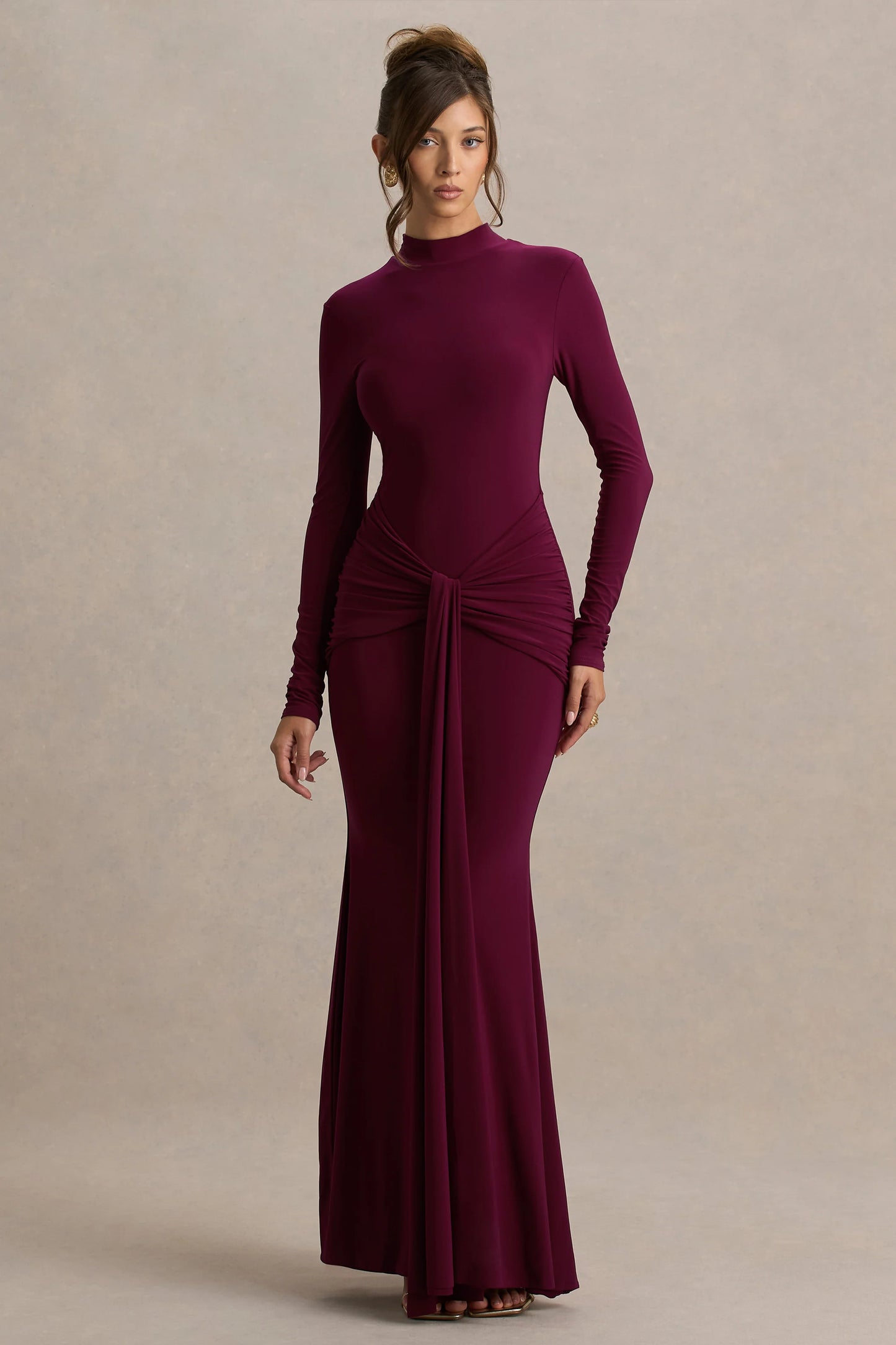 Pietra Berry High-Neck Long Sleeve Knot Maxi Dress