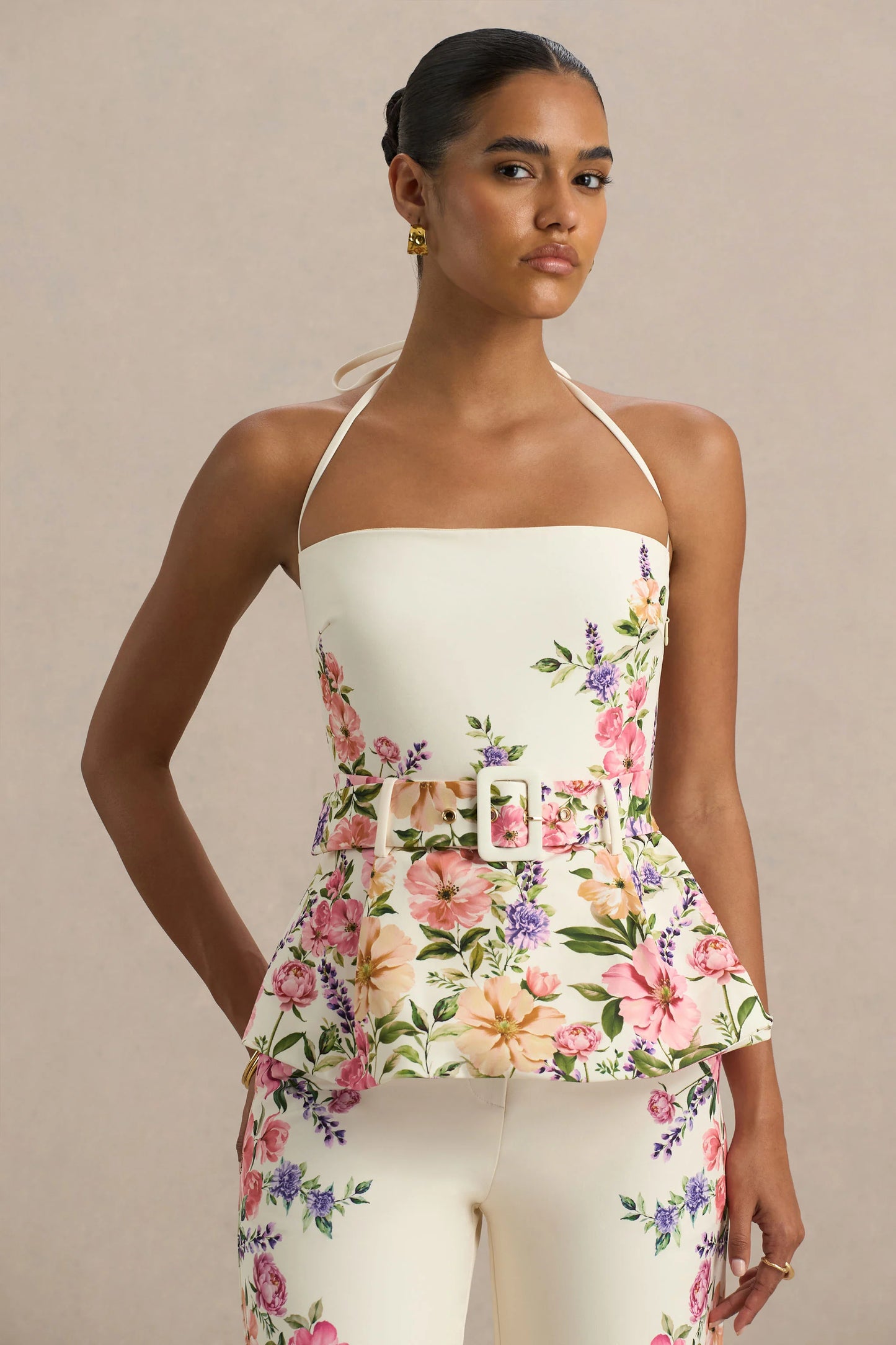 Maud White Floral Border Print Square-Neck Tailored Top