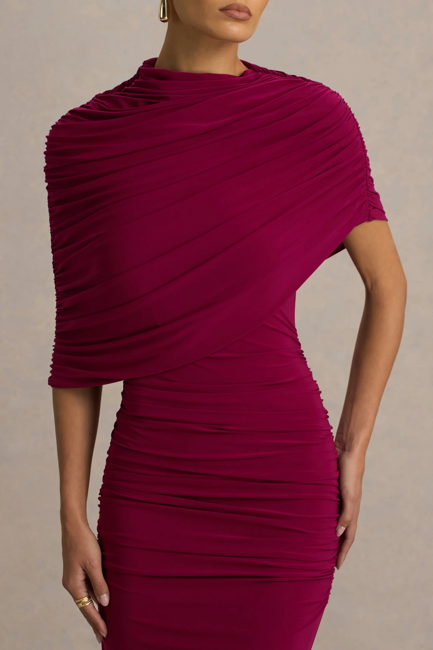 Glitz Burgundy High-Neck Maxi Dress With Cape Sleeve and Ruched Detailing