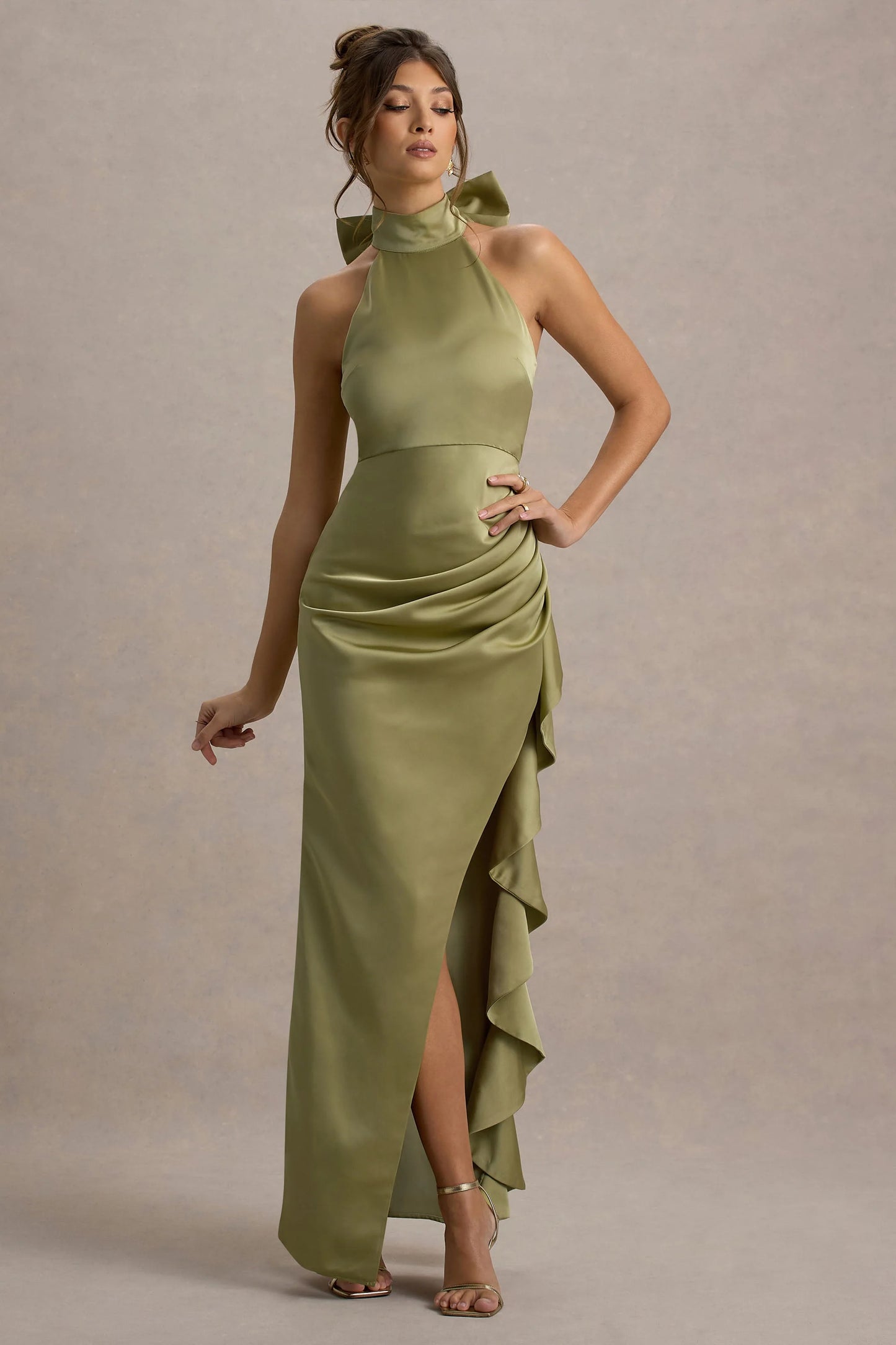 Maureen Light Green Satin High-Neck Draped Maxi Dress