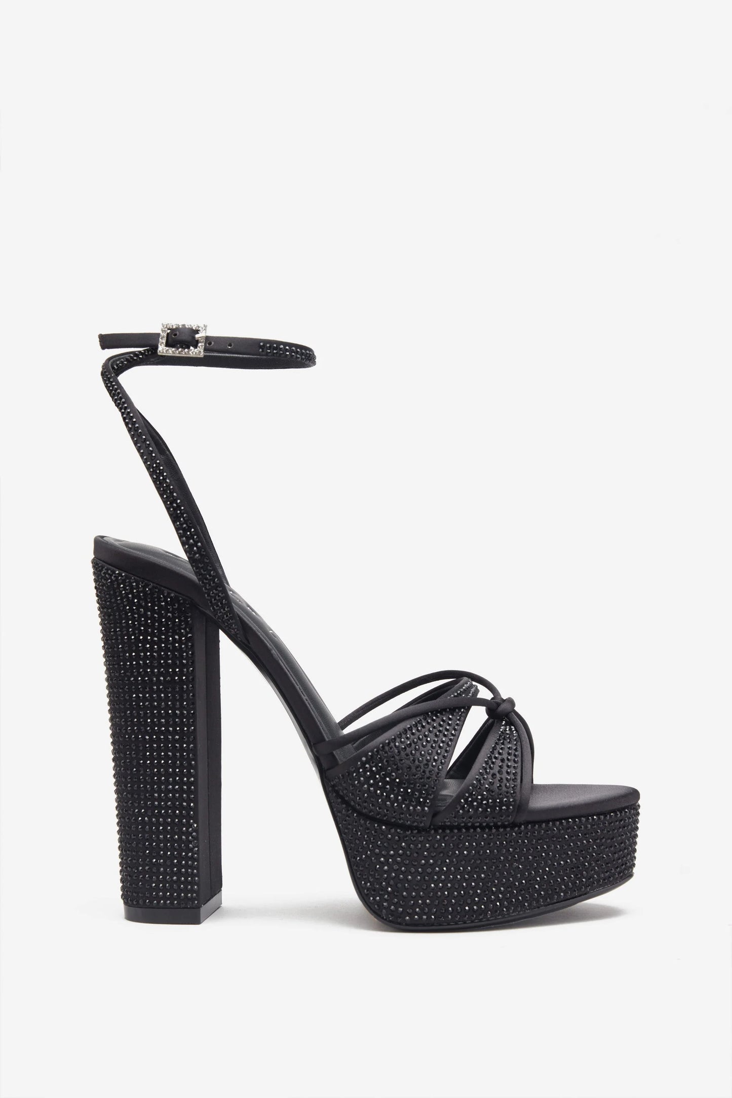 Crystal Cut Black Strappy Heeled Platform Sandals With Diamante Buckles