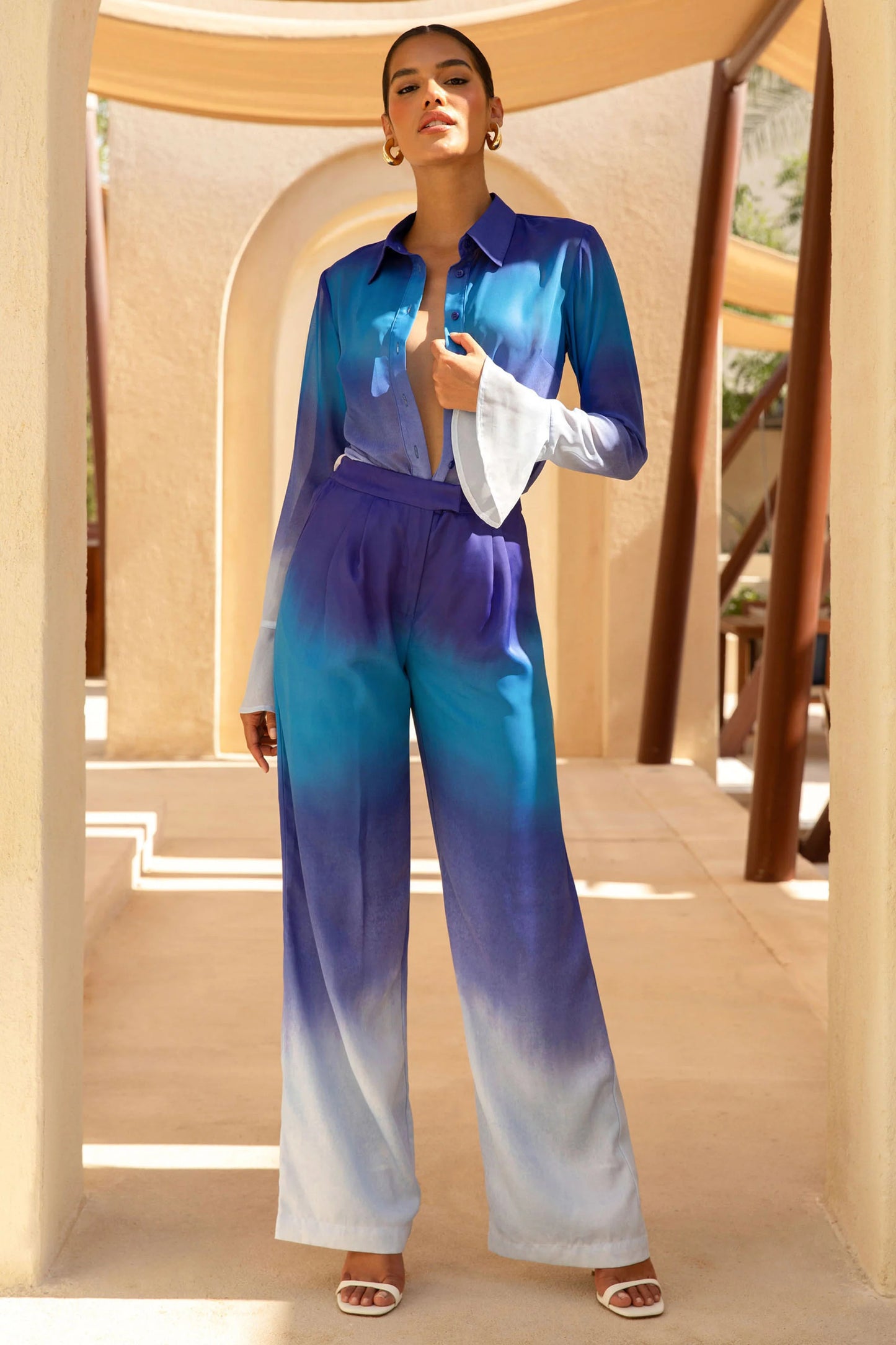 Last Light Blue Ombre Satin Wide-Leg Trousers