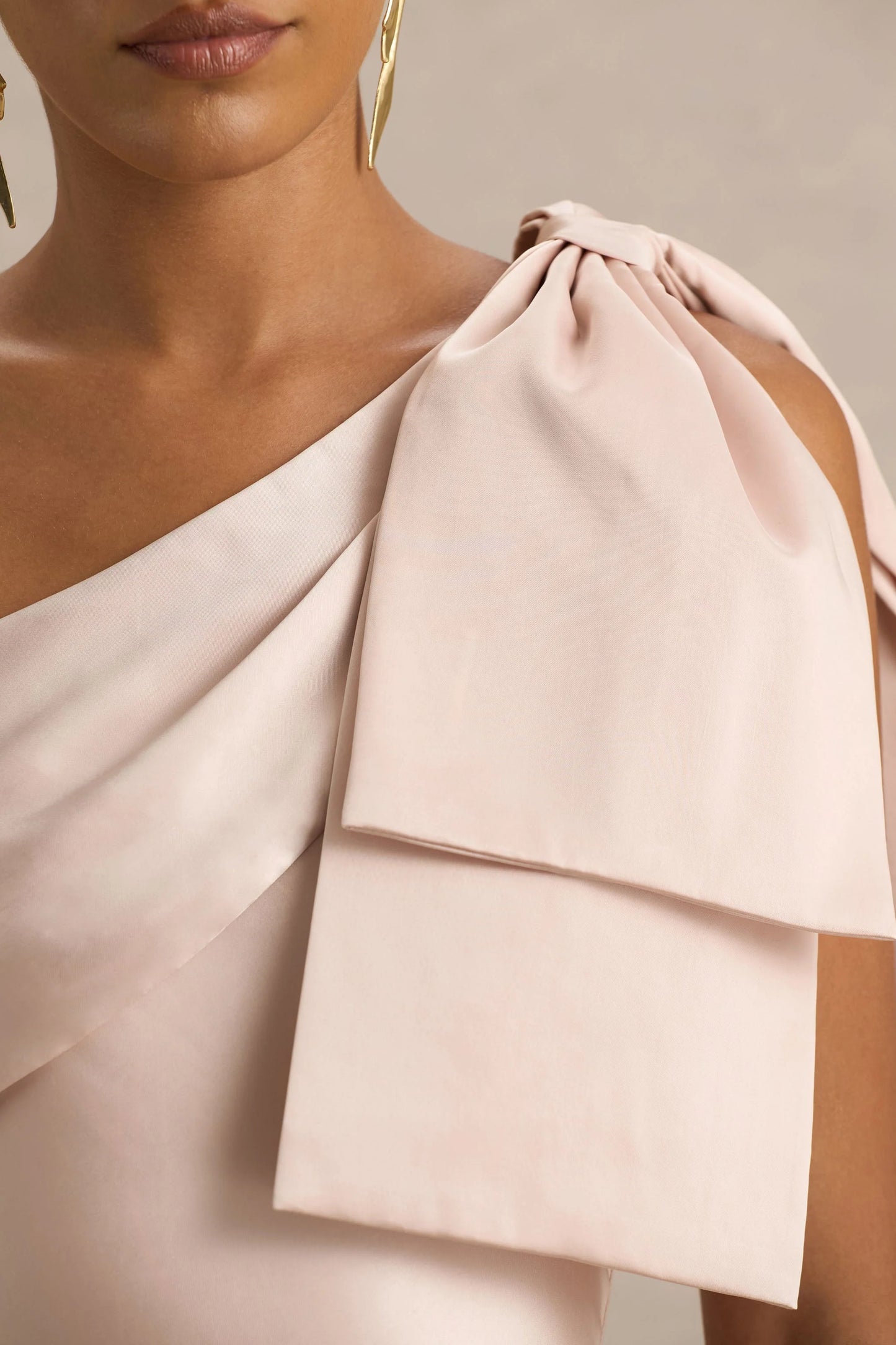 Valerie Light Pink Satin Asymmetric-Neck Maxi Dress With Bow Detail