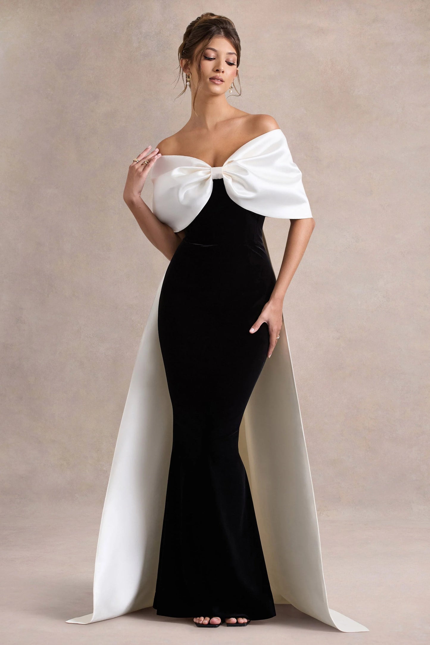 Wanting More Black & White Satin Cape Maxi Dress With Oversized Bow
