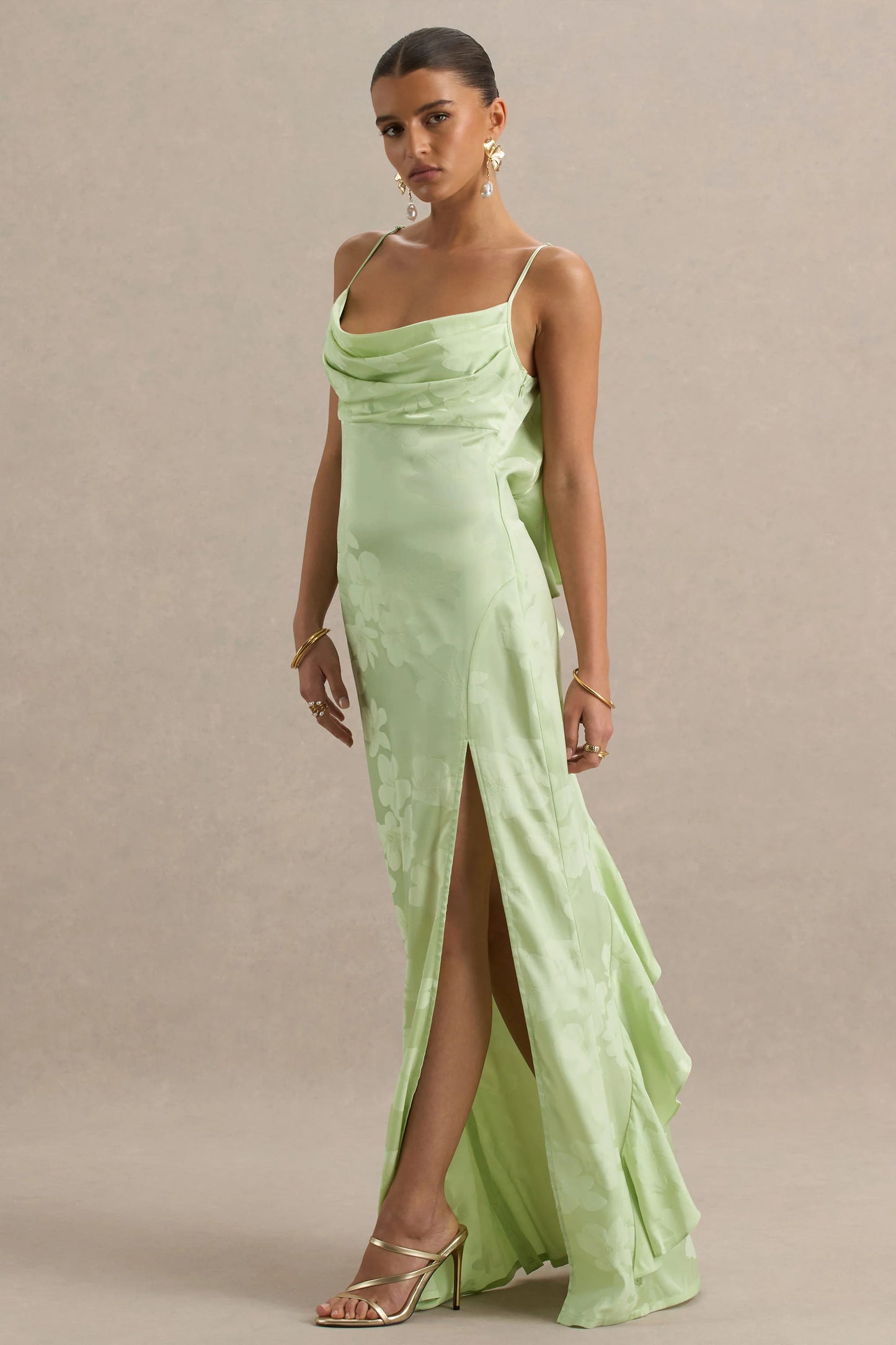 Maddie Light Green Floral Print Satin Cowl-Neck Maxi Dress