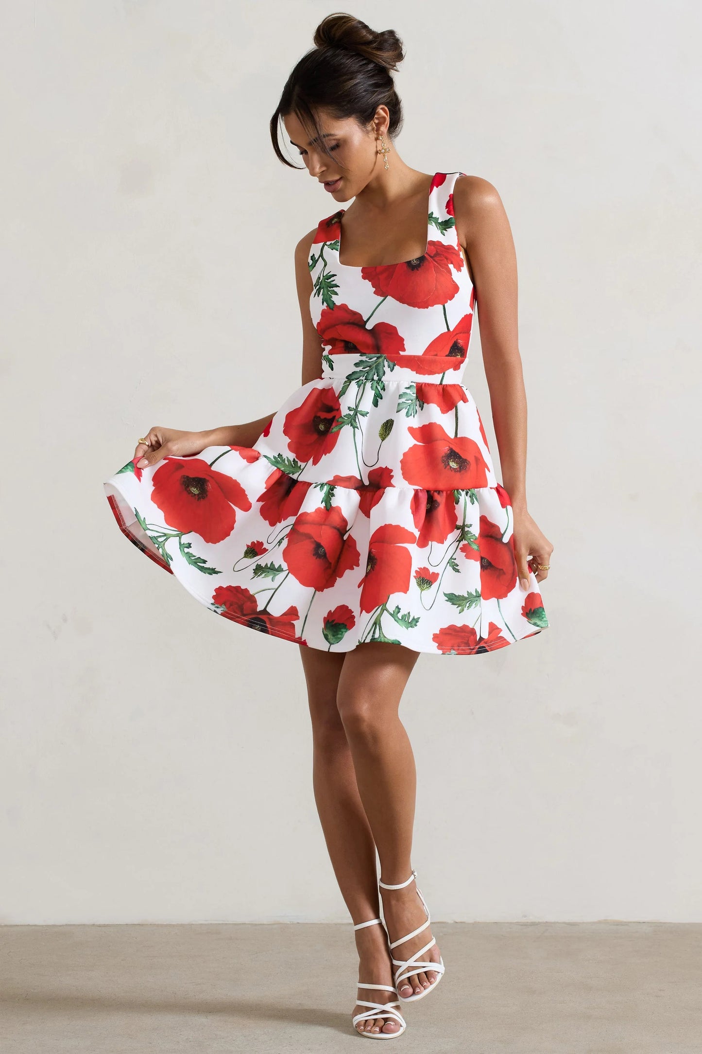 Alia Poppy Print Scoop-Neck Tiered Volume Hem Mini Dress