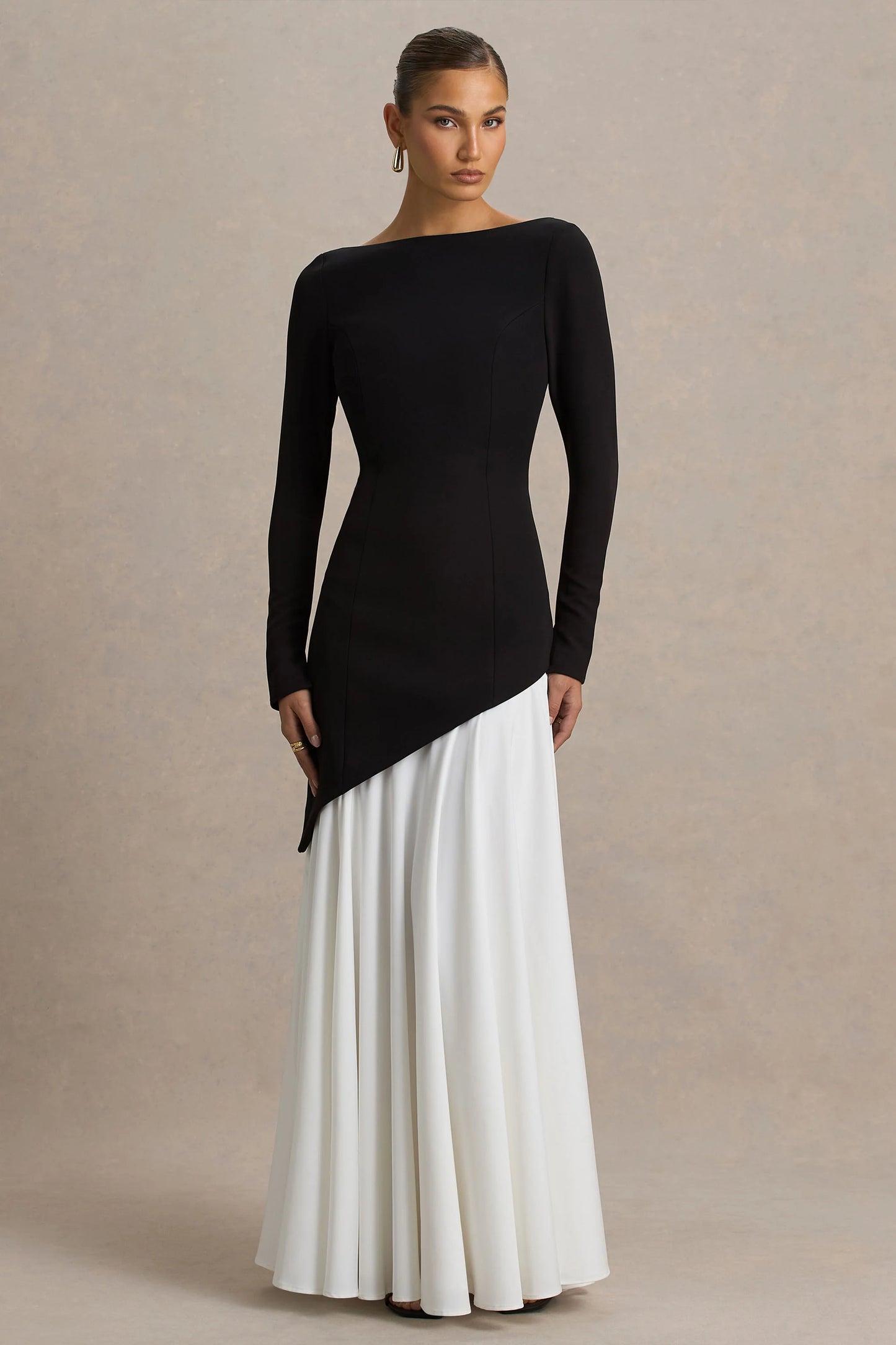 Caty Black And White Long-Sleeved Maxi Dress With Asymmetric Drop-Waist