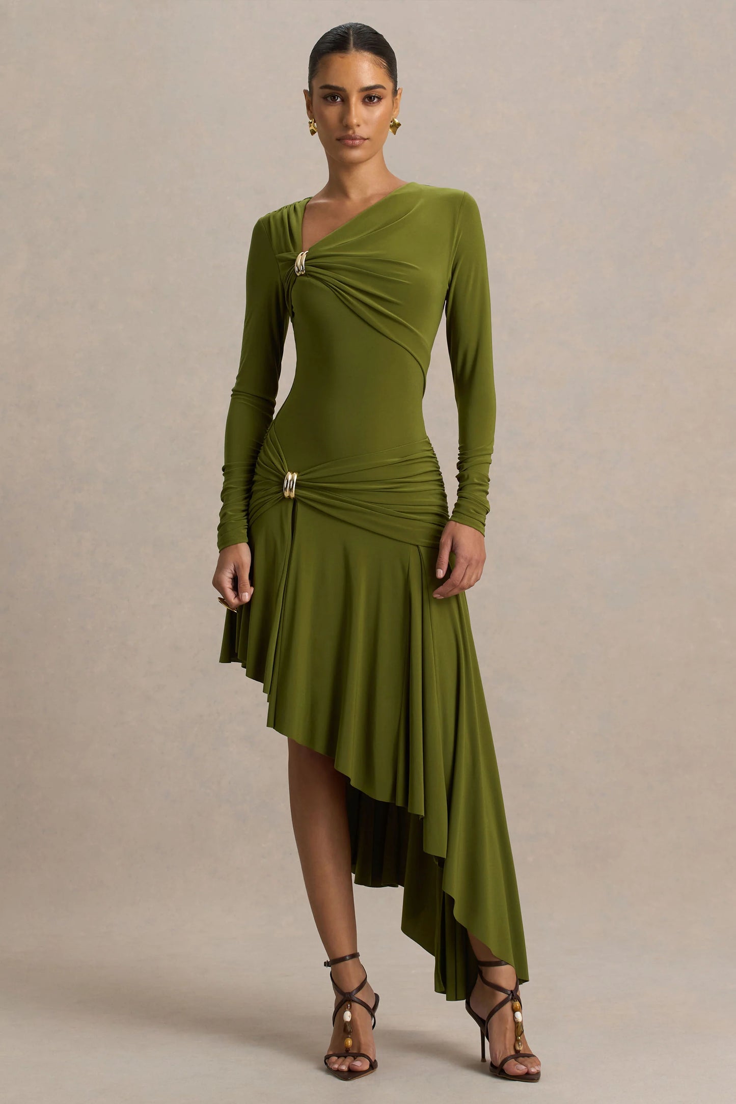 Alexia Green Asymmetric-Neck Maxi Dress With Gold-Details