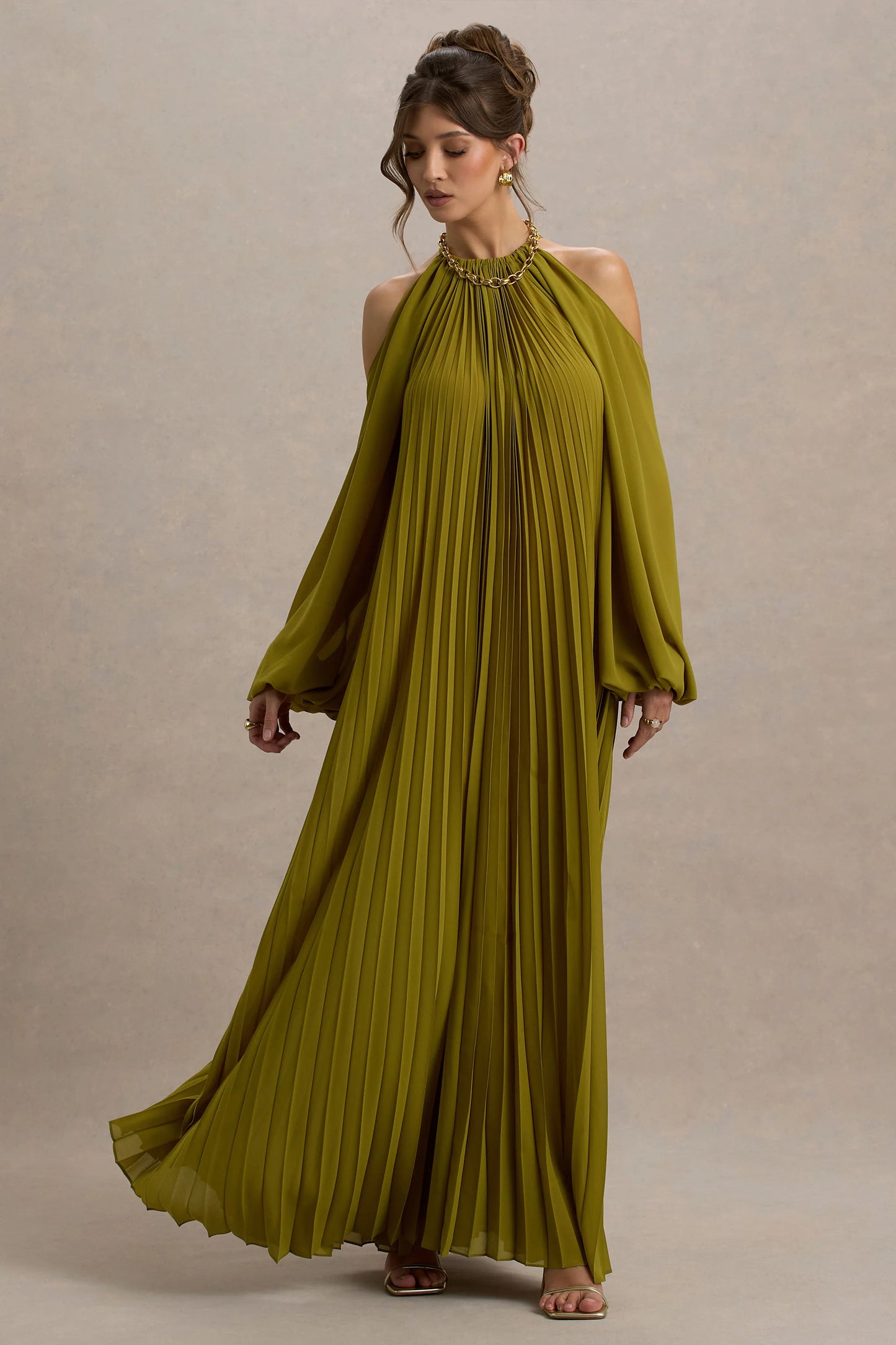 Reyna Olive Pleated Chiffon Cold-Shoulder Maxi Dress