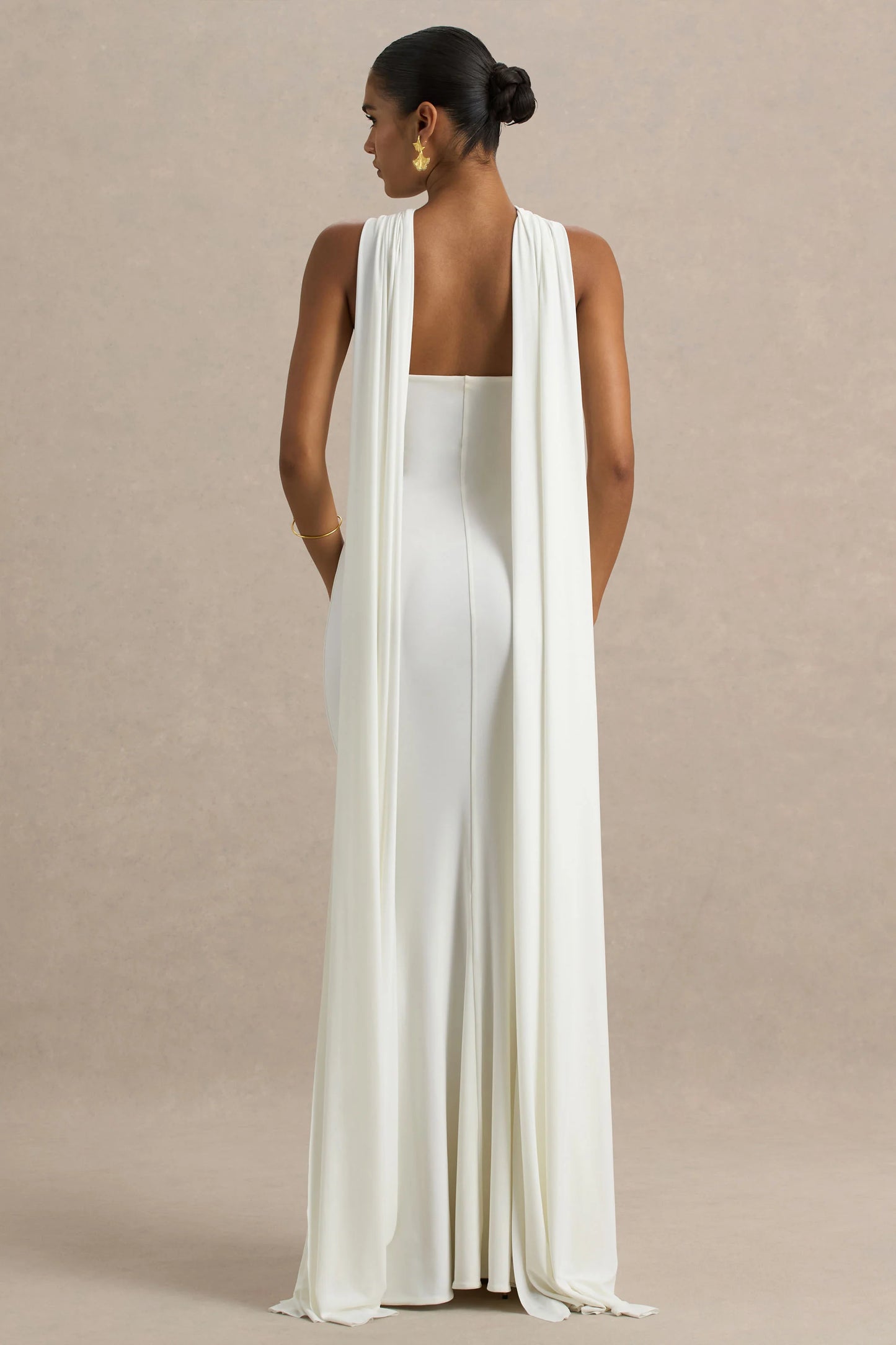 Rhoda White Twist Halter-Neck Cape Maxi Dress