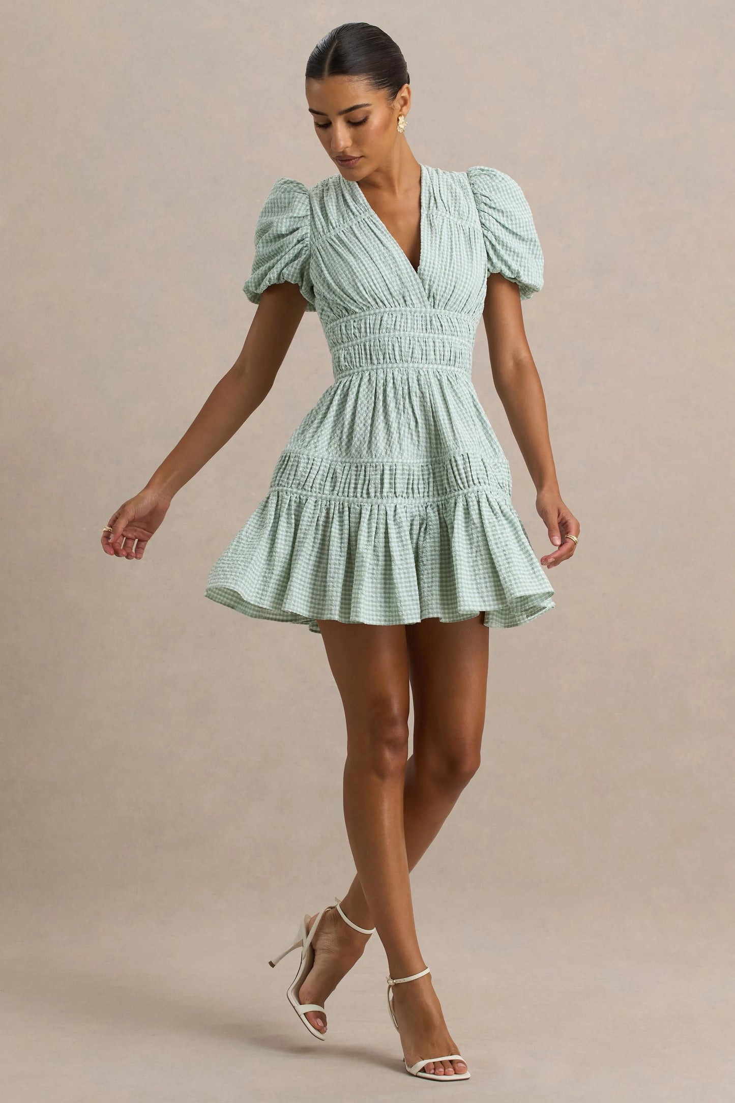 Laurelle Green Extreme Plunge-Neck Mini Dress With Ruffling Detail
