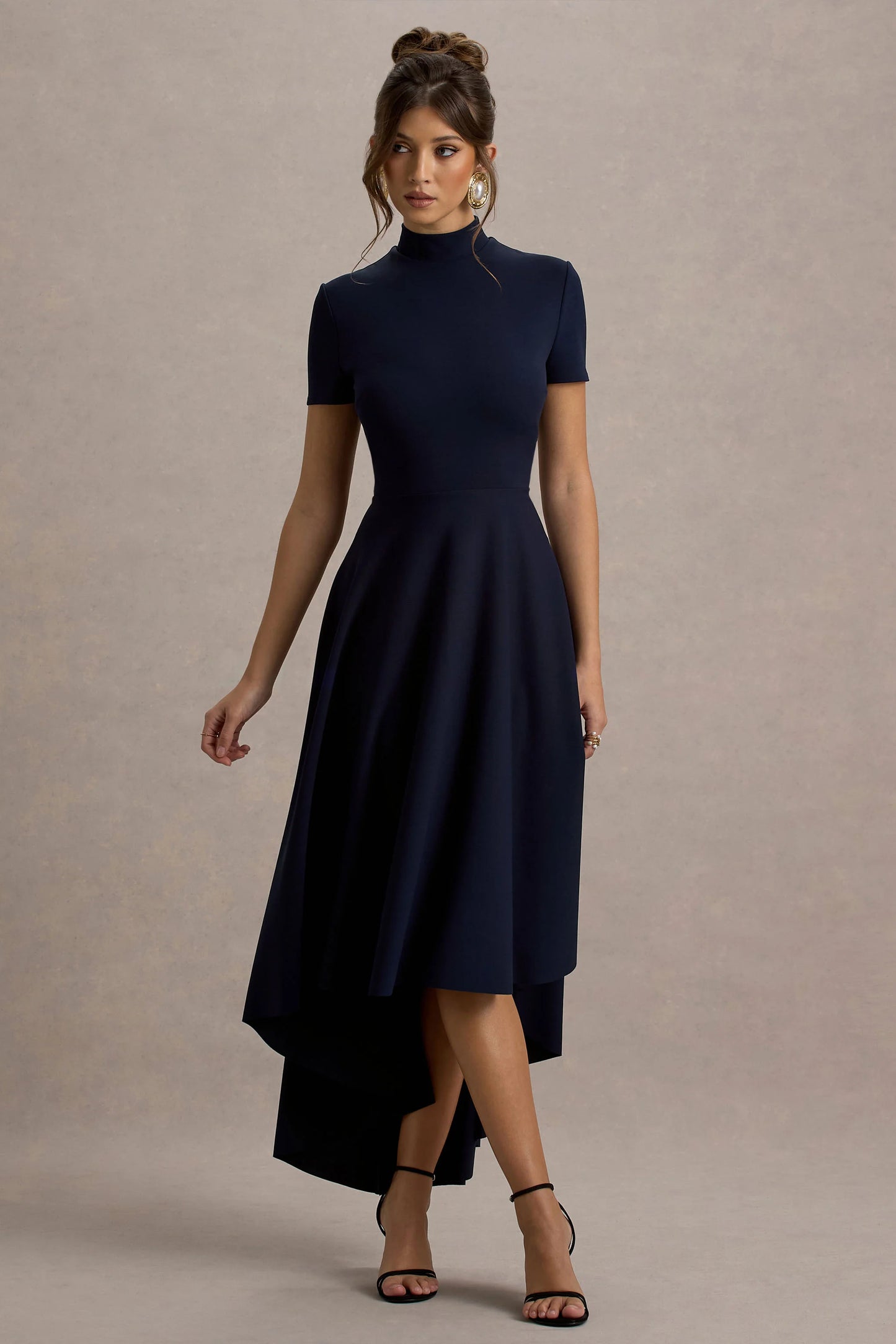 Bellona Navy High-Neck High-Low Midi Dress