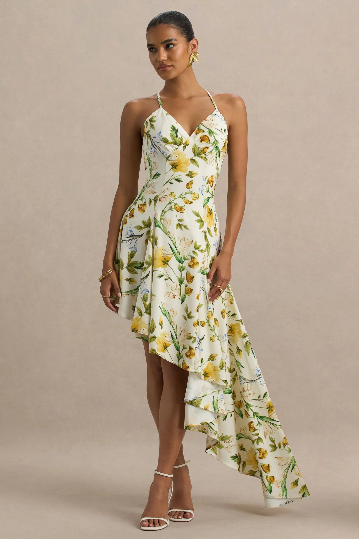 Glint Lemon Floral Print Satin Plunge-Neck Maxi Dress With Asymmetric Hem