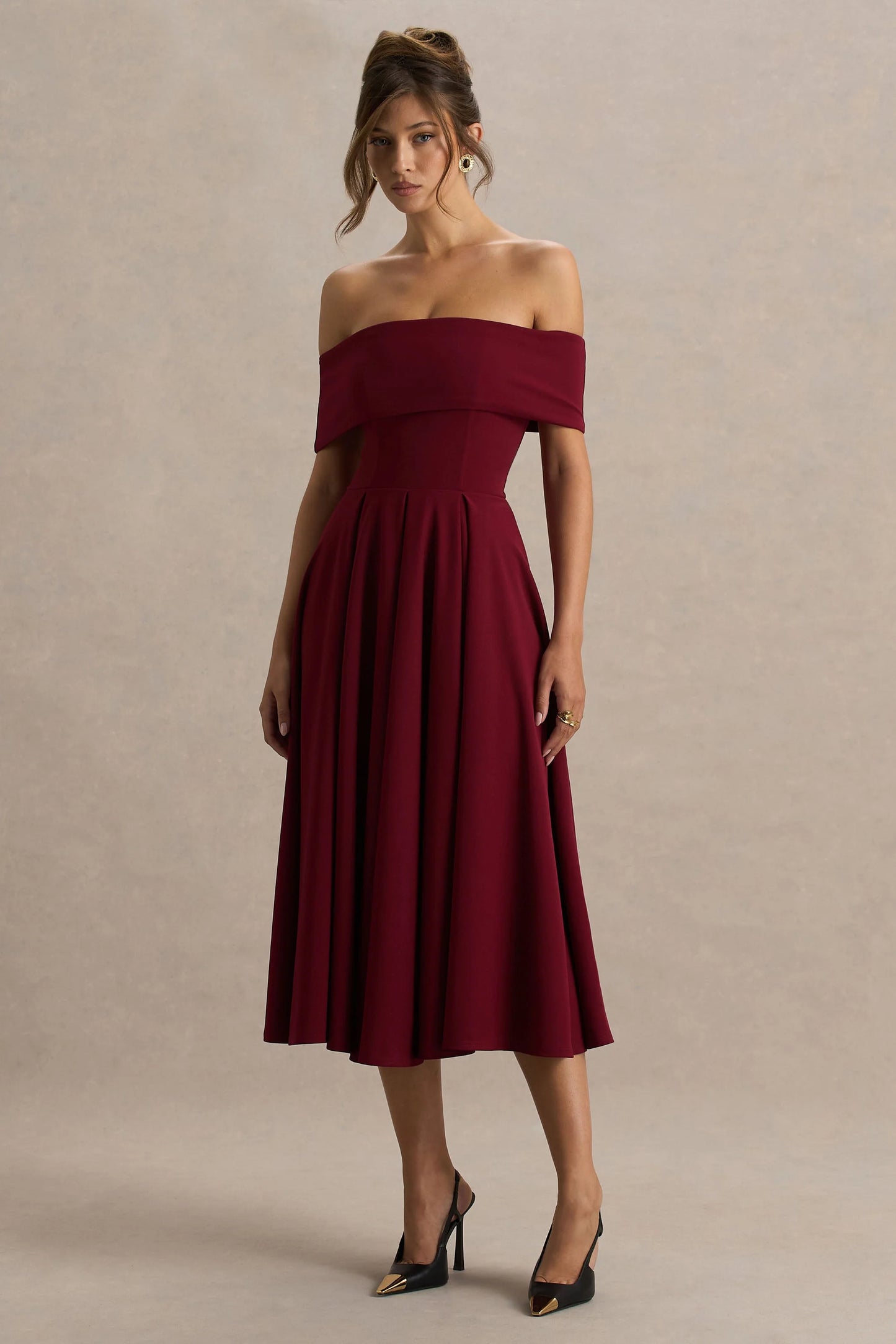 Isabella Burgundy Bardot-Neck Midi Dress