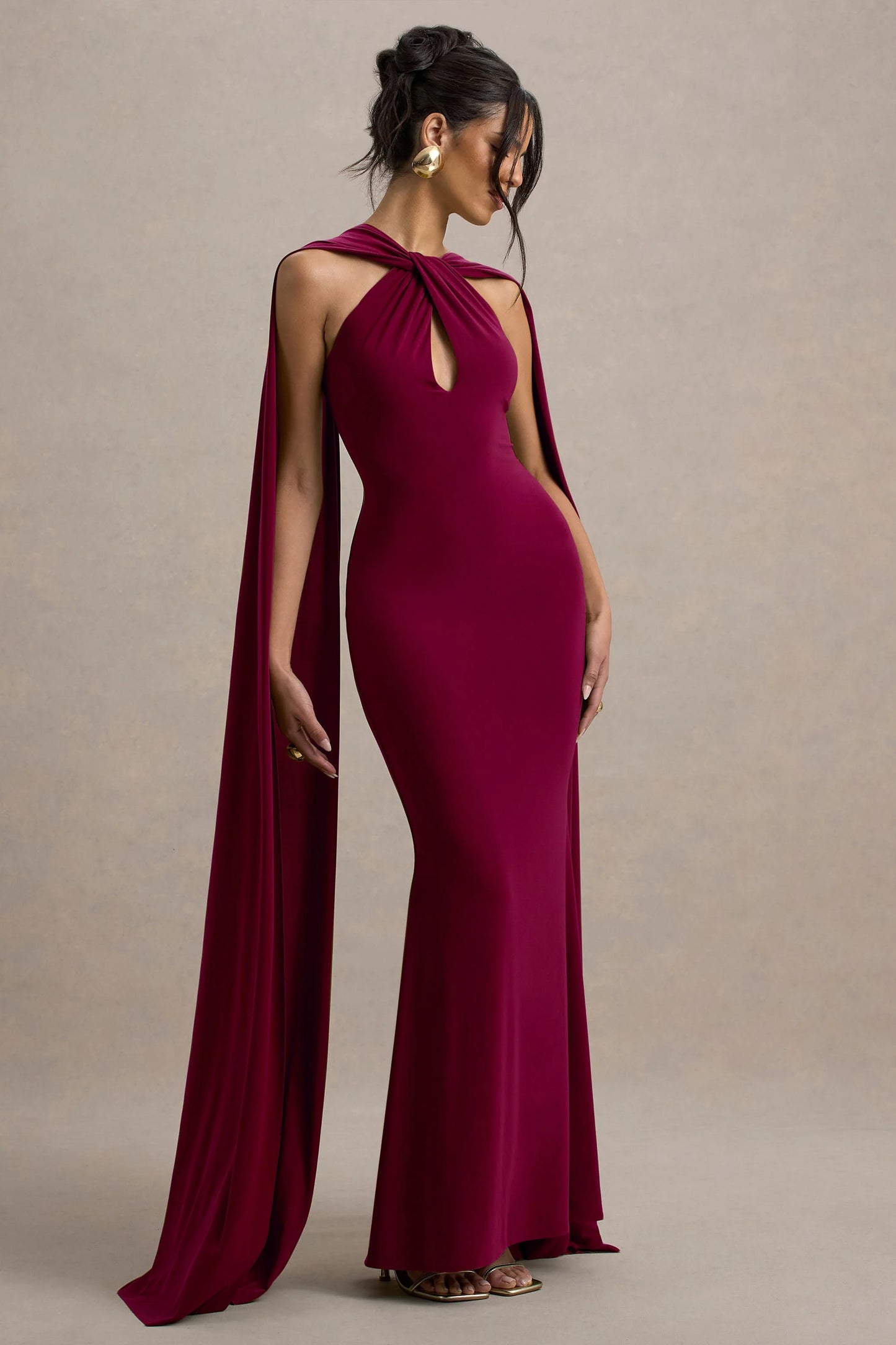 Rhoda Burgundy Twist Halter-Neck Cape Maxi Dress