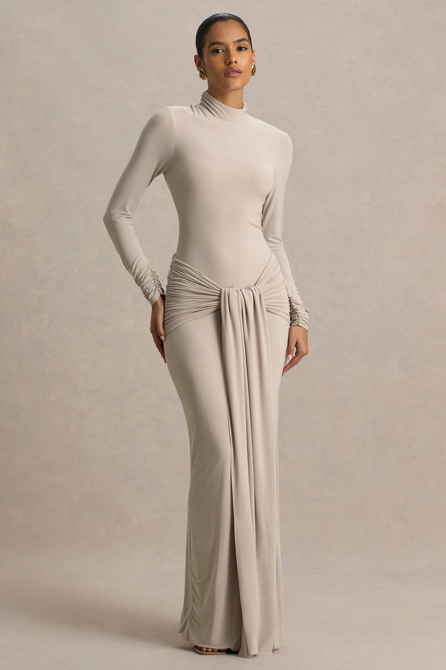 Myra Champagne High-Neck Maxi Dress With Sash and Ruched Detailing