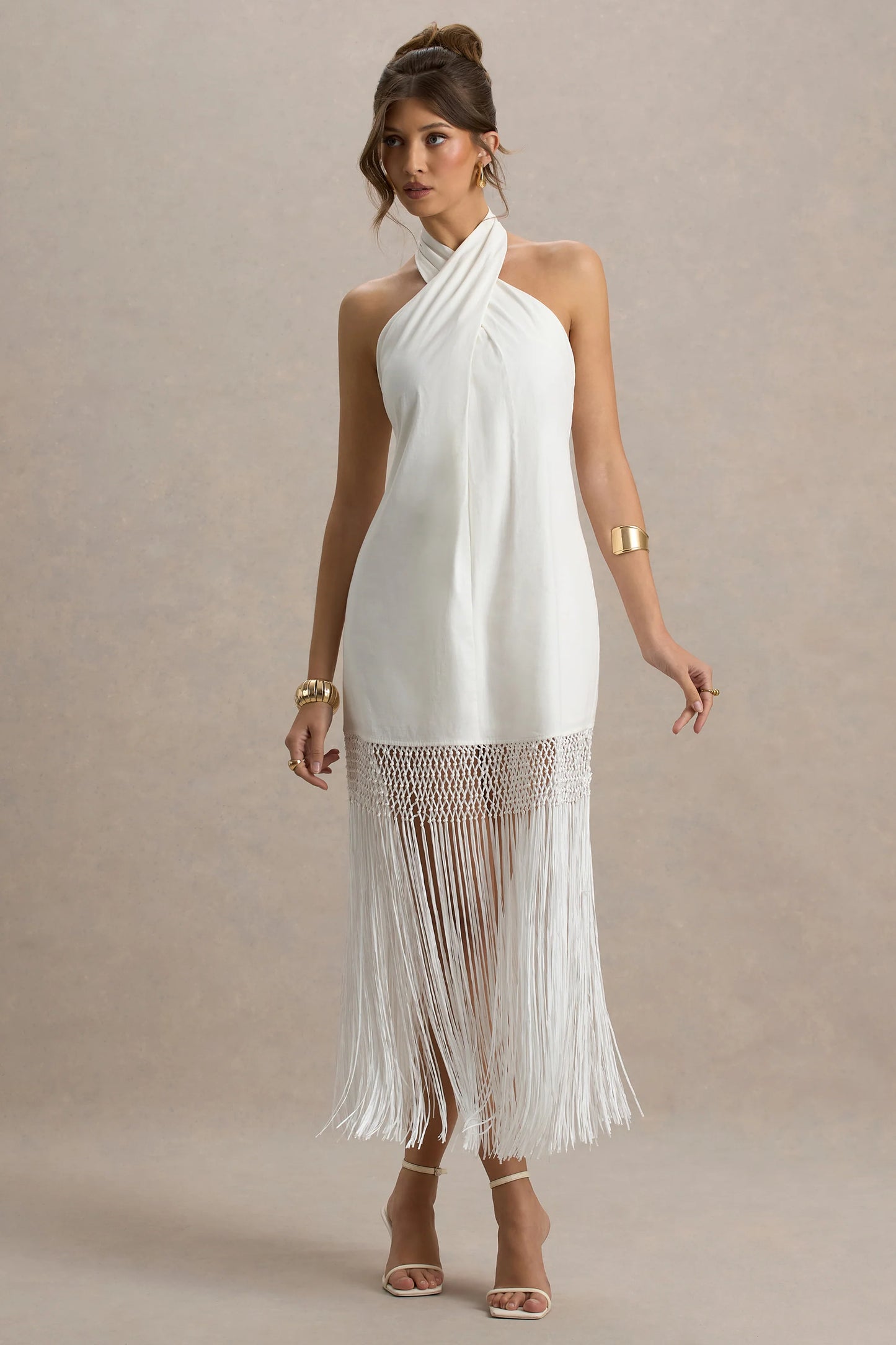 Fiametta Ecru Linen Halter-Neck Fringe Maxi Dress