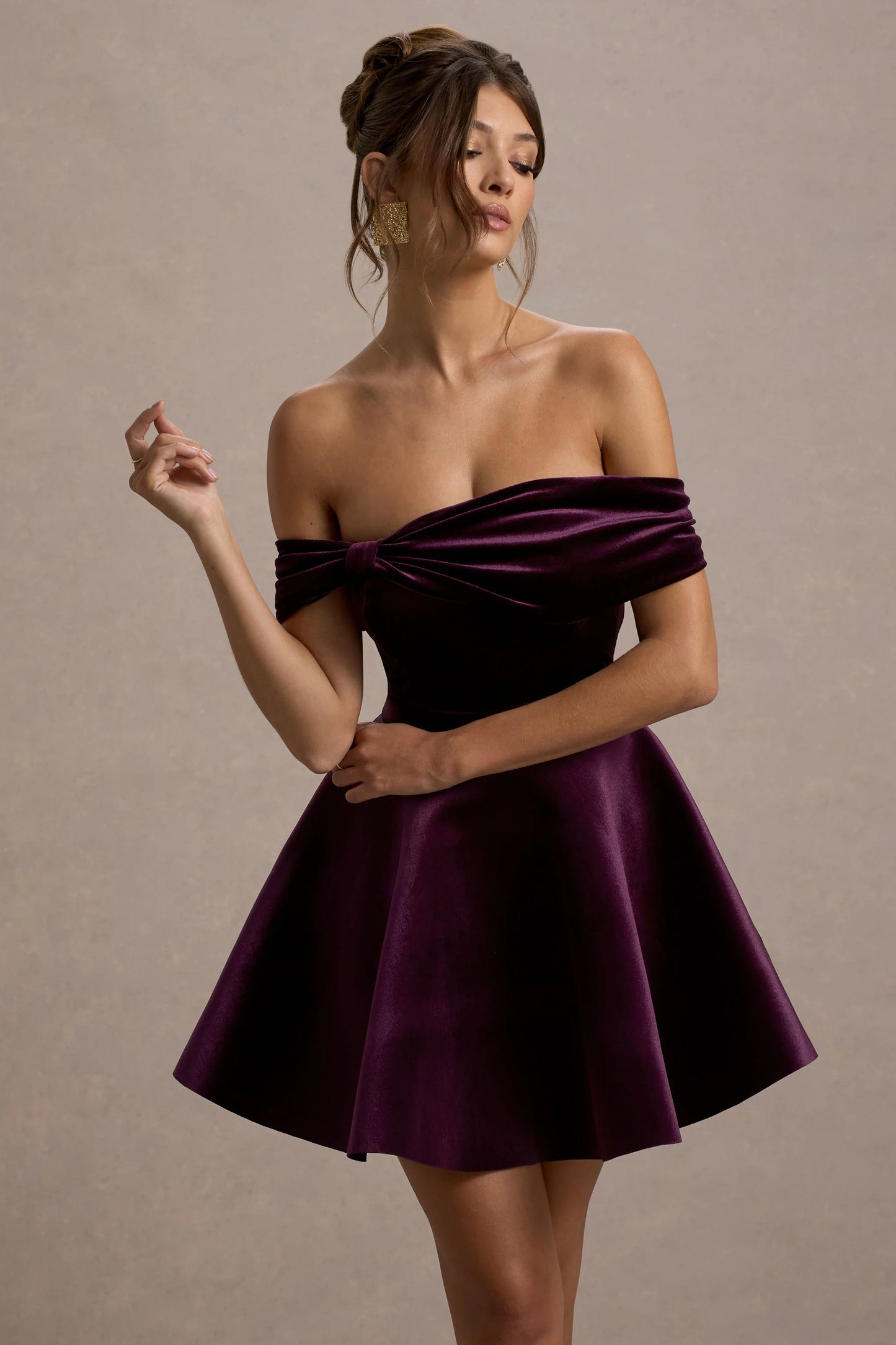 Dede Port Velvet Bow Bardot Skater Mini Dress