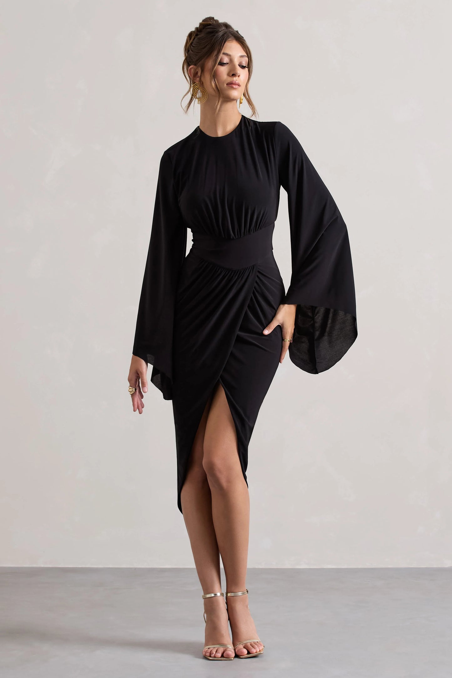 Lennox Black Drape-Sleeve Gathered Midi Dress