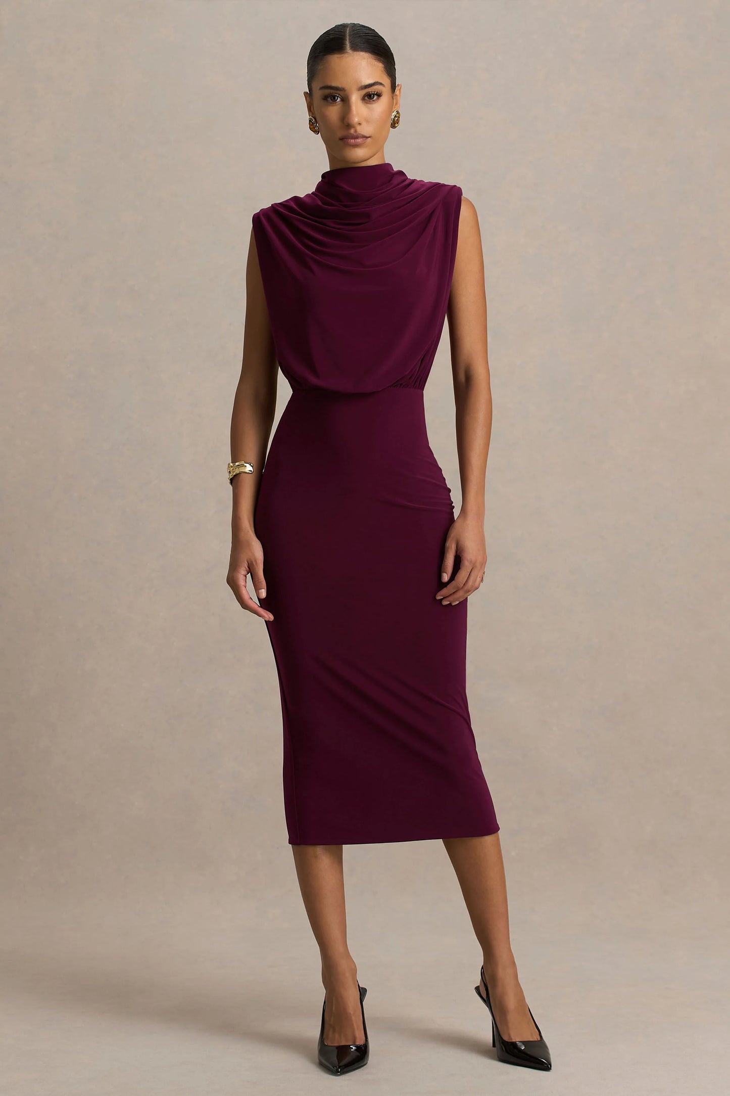 Hermia Burgundy High-Neck Midi Dress