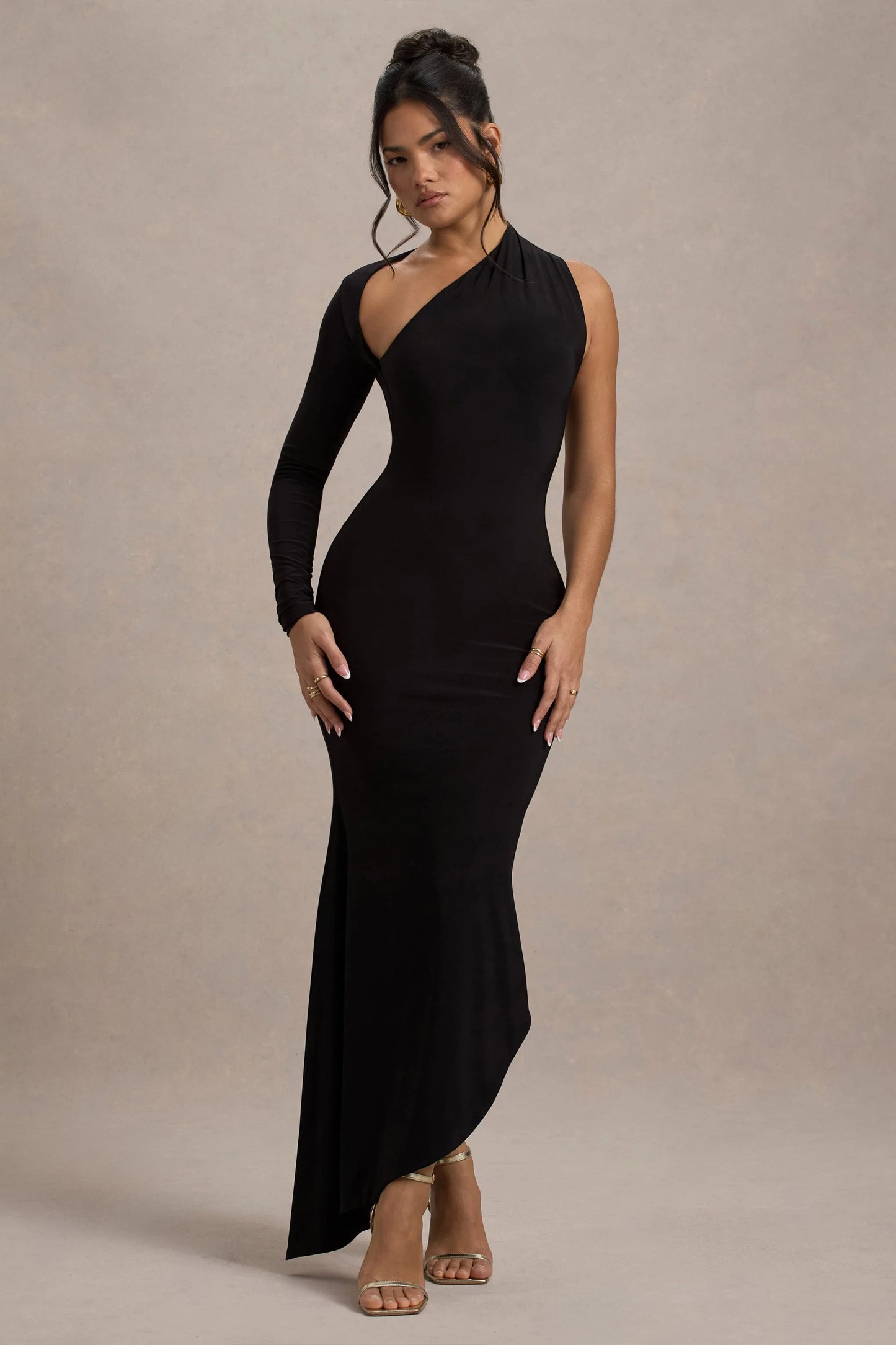 Orsa Black One-Shoulder Asymmetric Maxi Dress