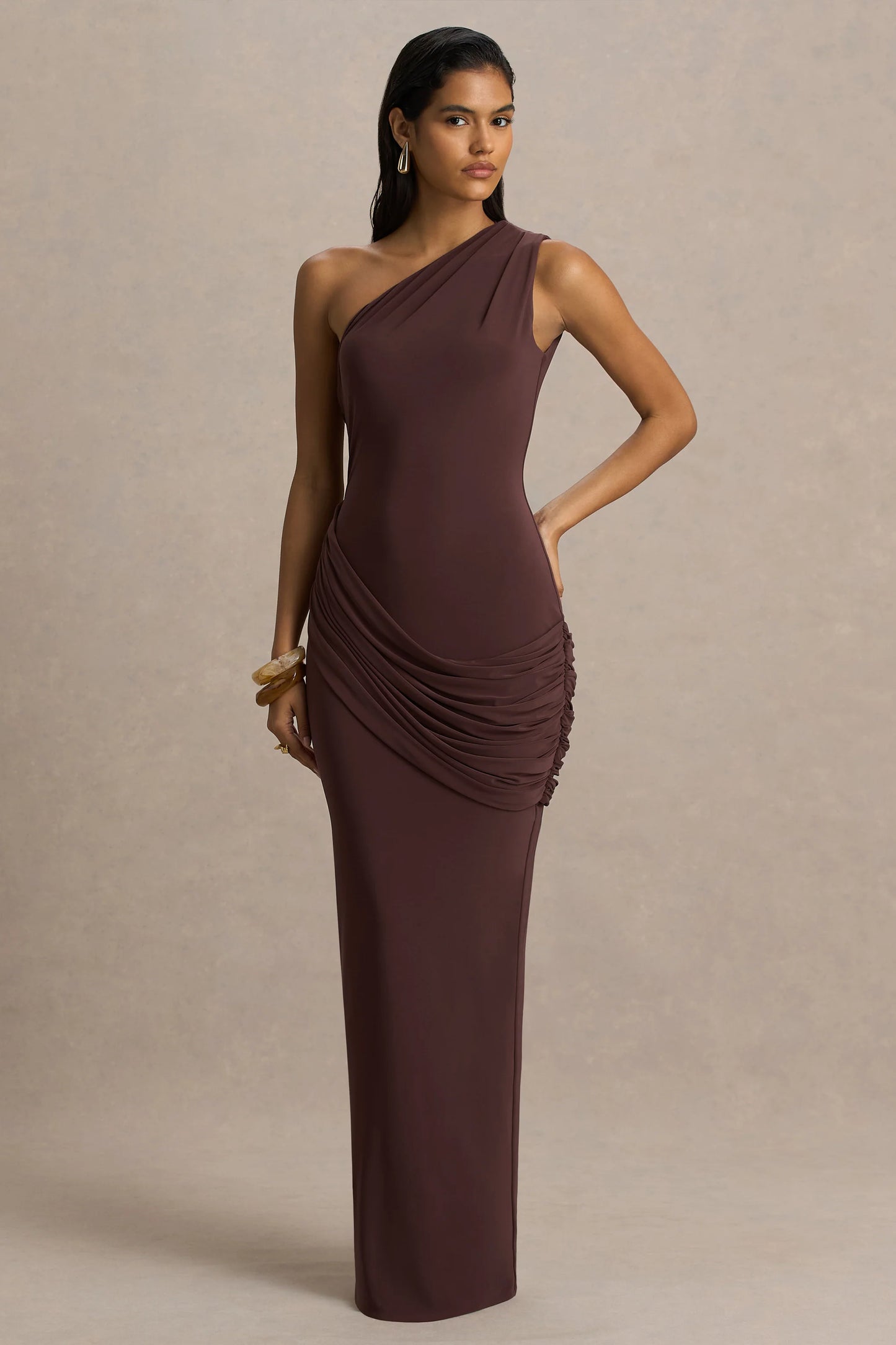 Elisa Brown Asymmetric-Neck Maxi Dress With Open-Back And Ruched Detailing