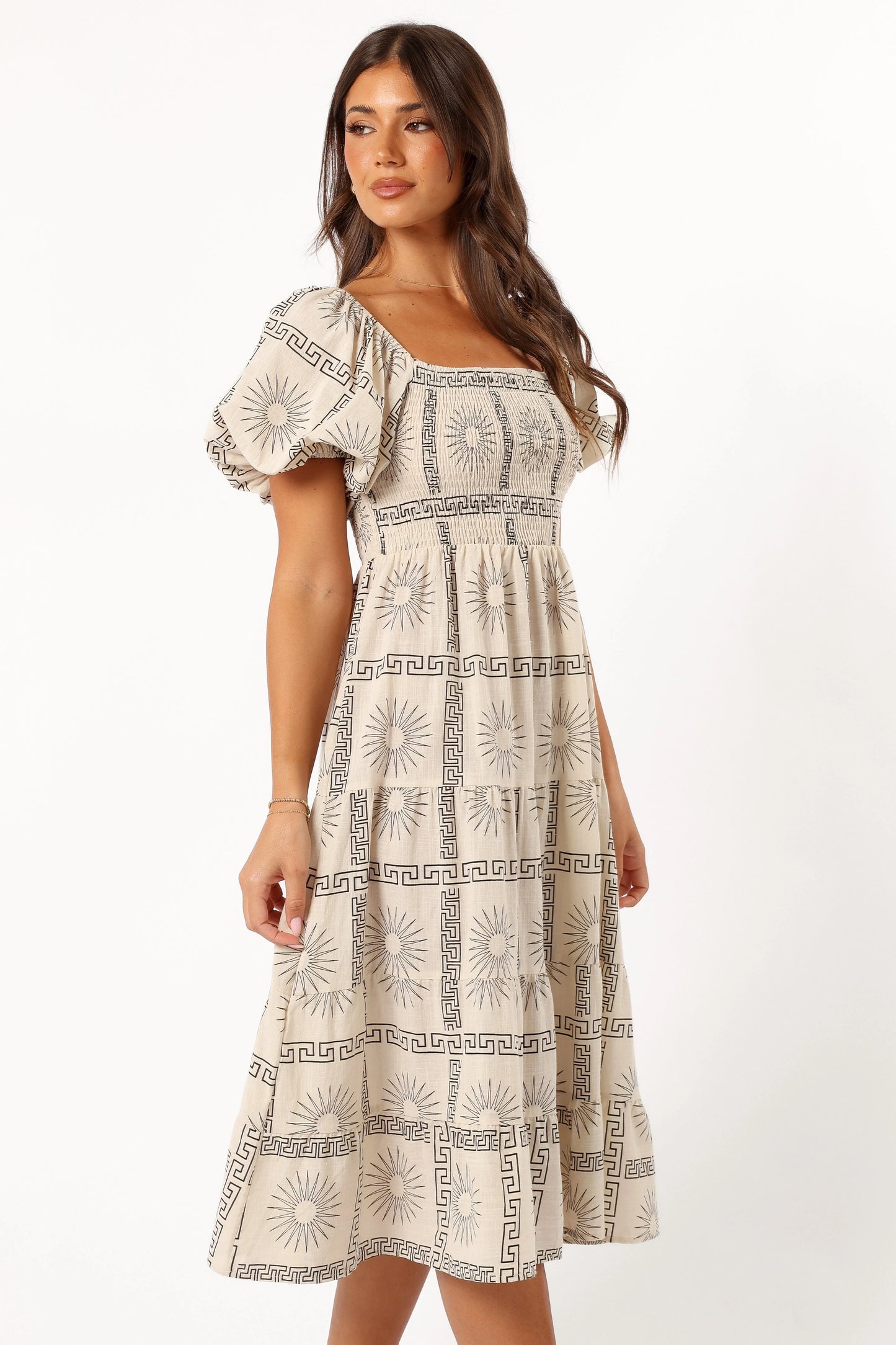Soliel Puff Sleeve Midi Dress - Beige Black