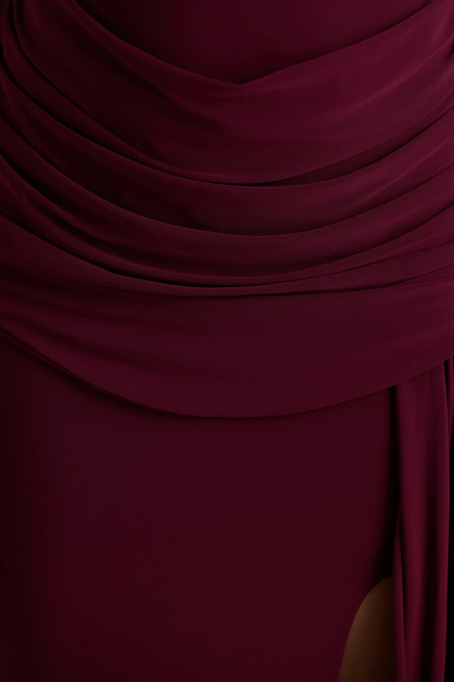 Dynasty Burgundy Asymmetric-Neck Maxi Dress With Ruched Detailing And Front High-Split