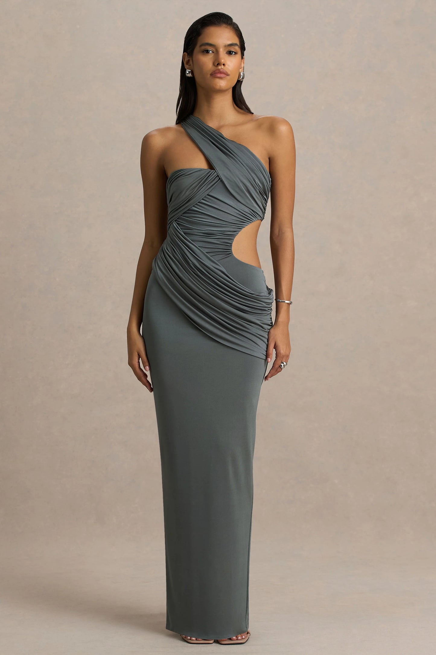 Serefine Grey Asymmetric-Neck Maxi Dress With Body Cut-Out