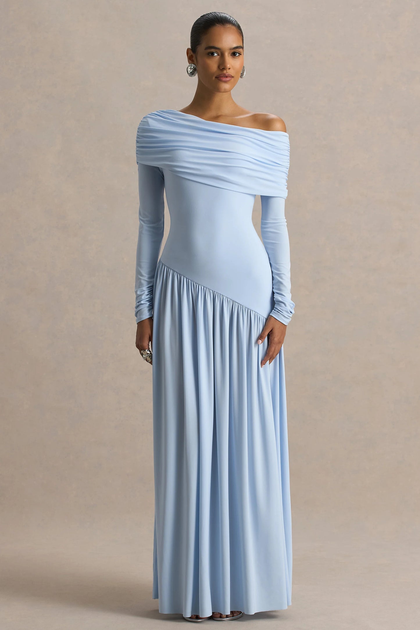 Farah Powder Blue Asymmetric-Neck Maxi Dress With Drop Waist And Ruched Detailing