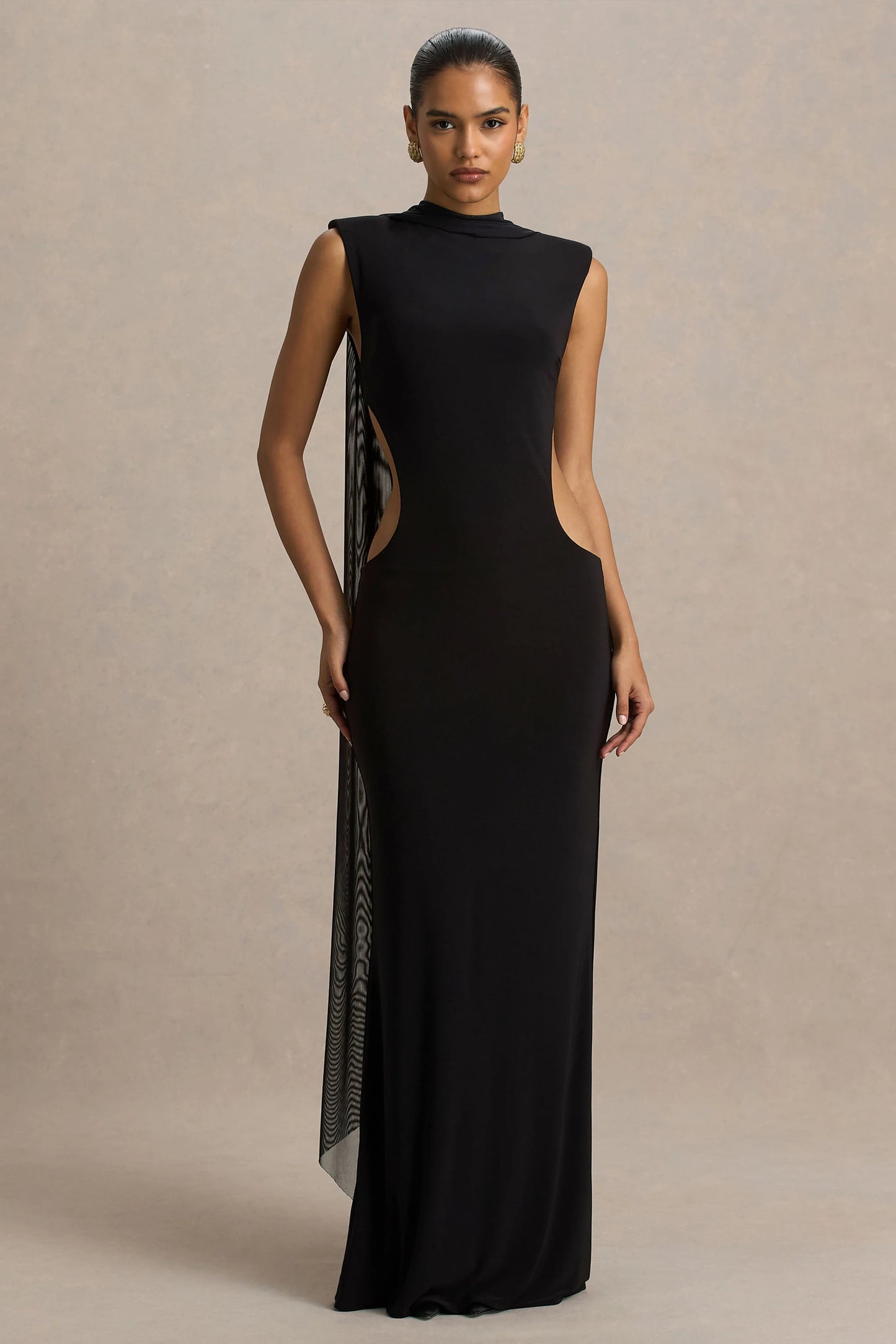 Katara Black High-Neck Maxi Dress With Body Cut-Out Details