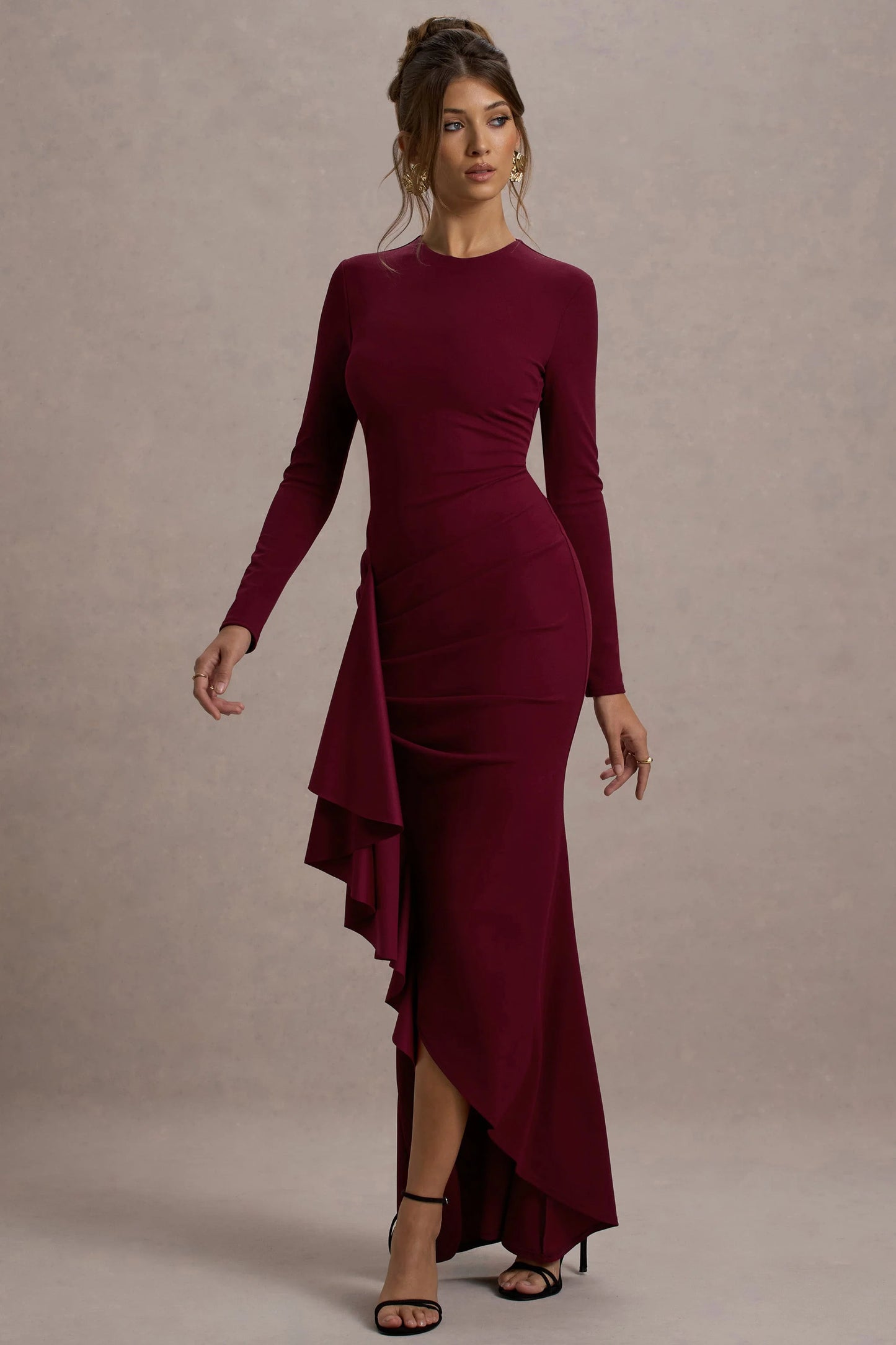 Alayna Berry Long-Sleeve Maxi Dress With Ruffled Split