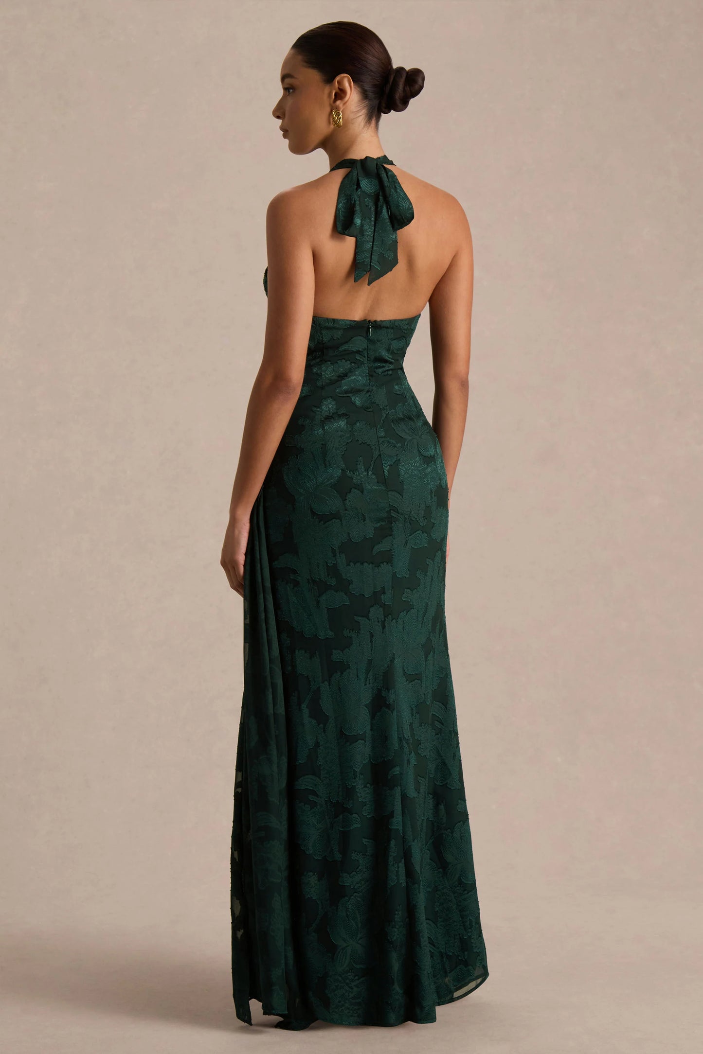 Talula Dark Green Extreme Cowl-Neck Maxi Dress With Sash And Front-High Split