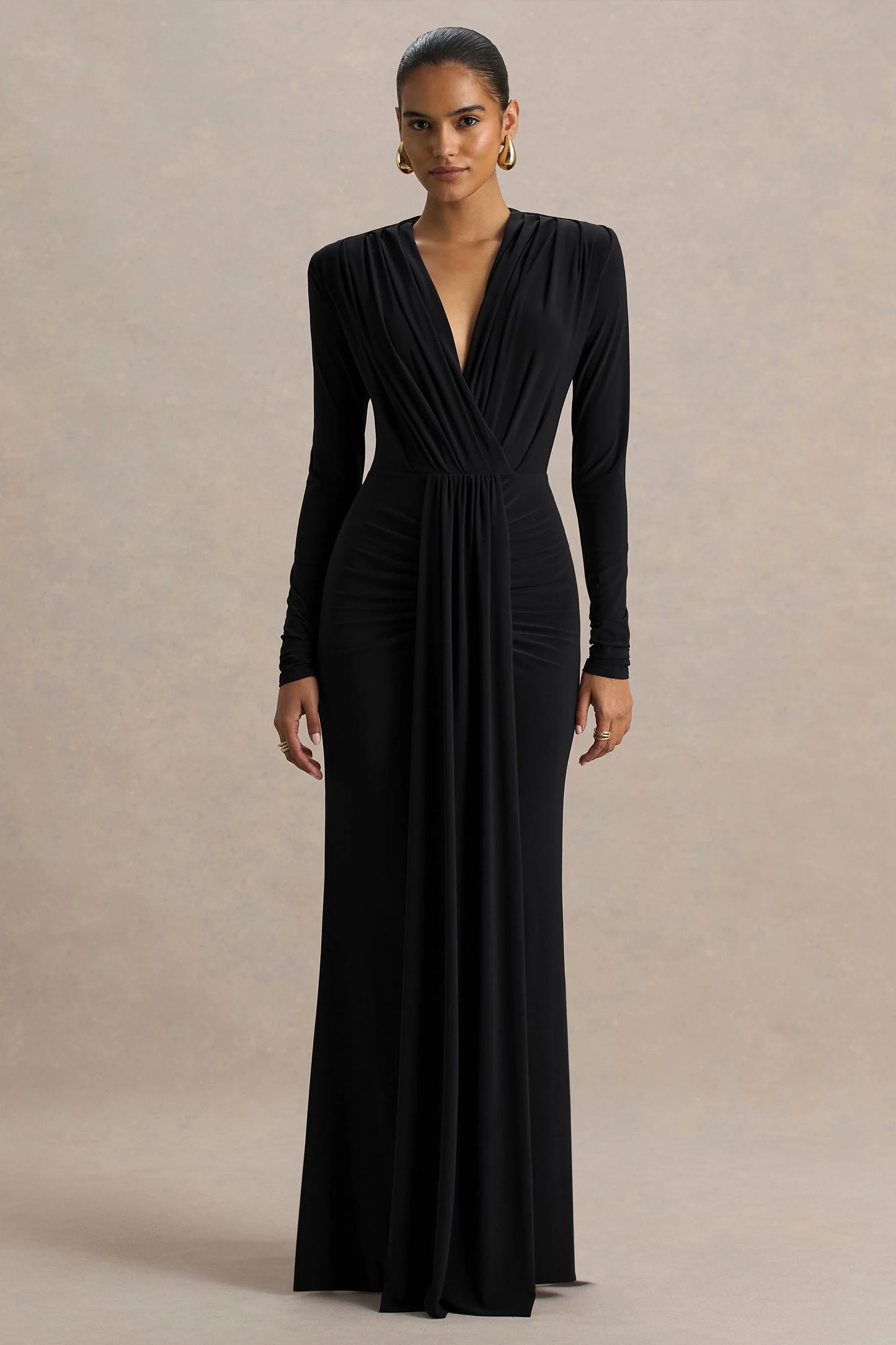 Flashy Black Plunge-Neck Maxi Dress With Ruched Detailing