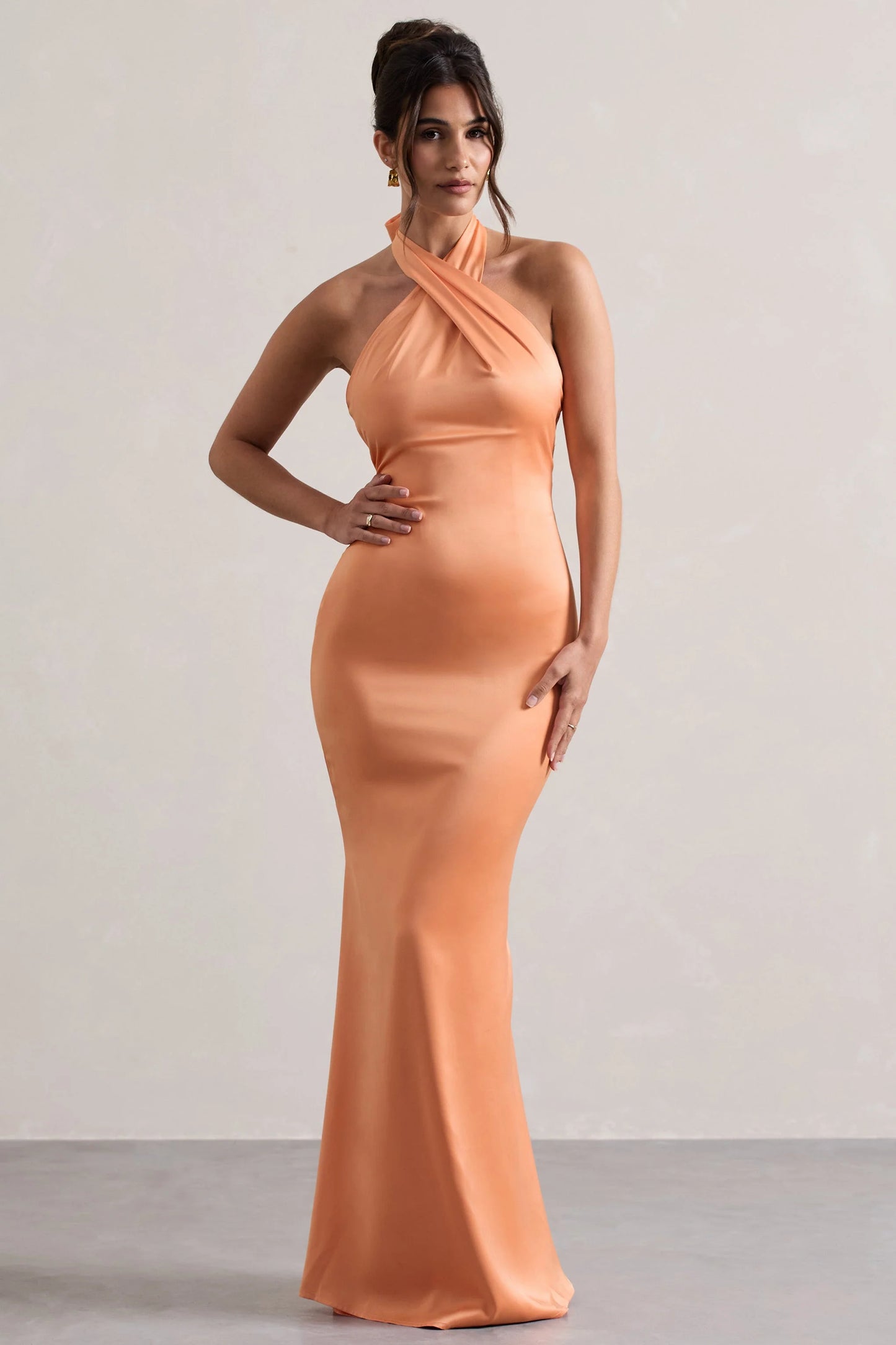 Unbeatable Peach Satin Cross Over Halter-Neck Maxi Dress