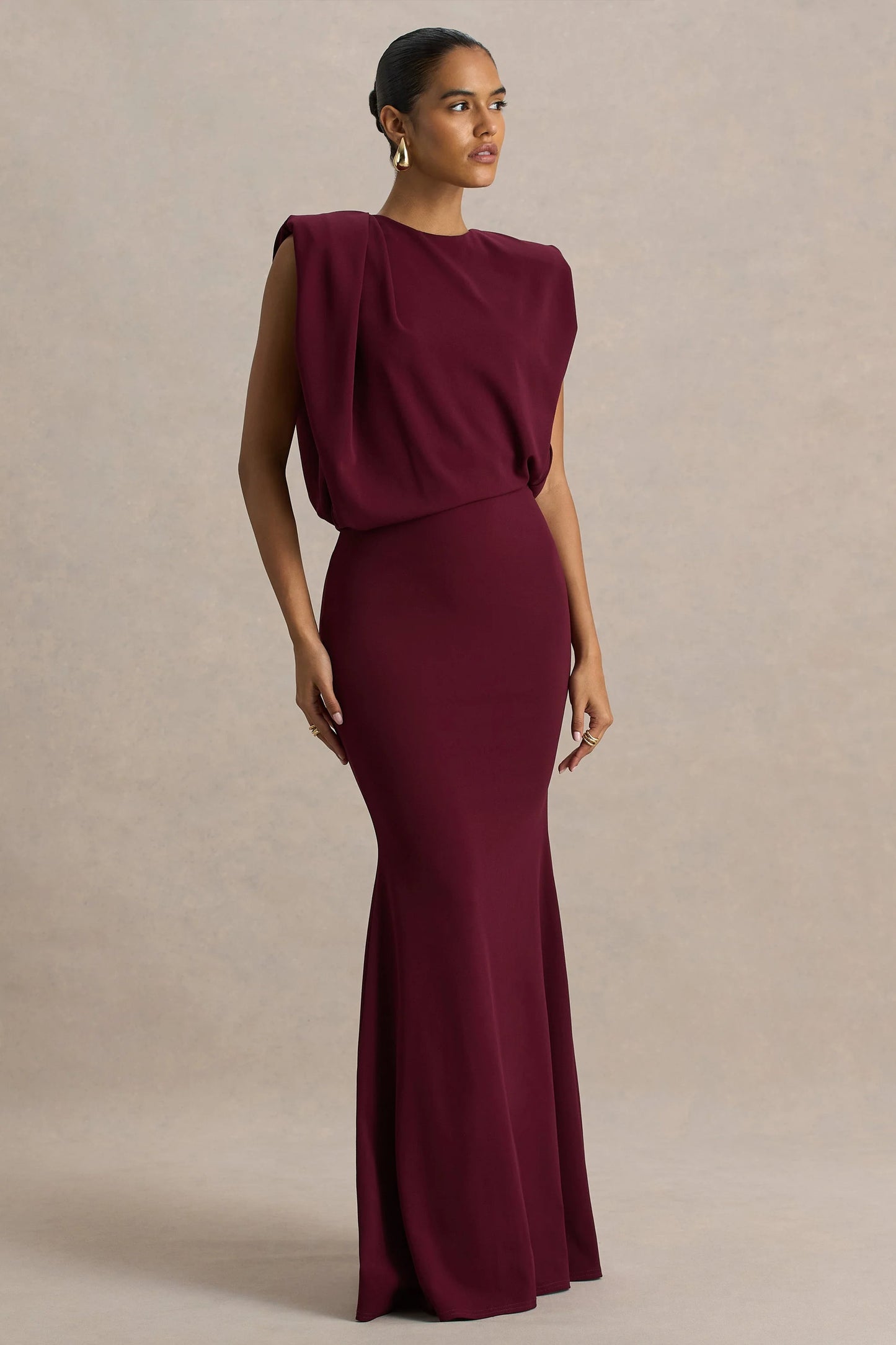 Meave Burgundy Boat-Neck Maxi Dress With Draped Detail