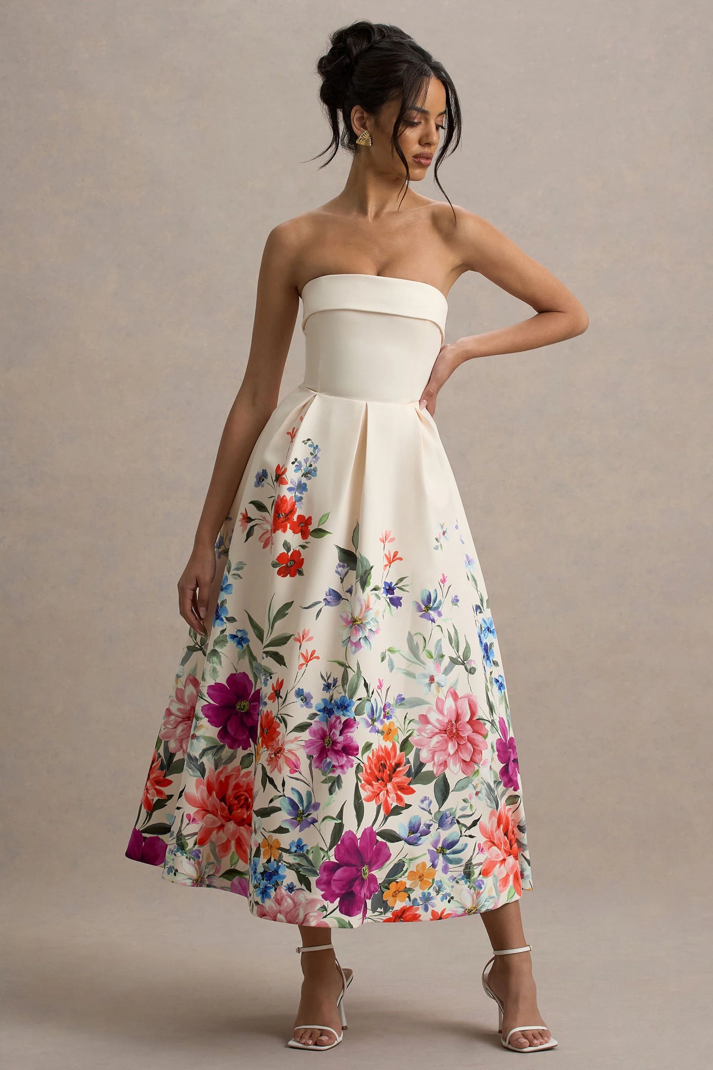Annalise Light Pink Floral Print Bandeau Skater Midi Dress