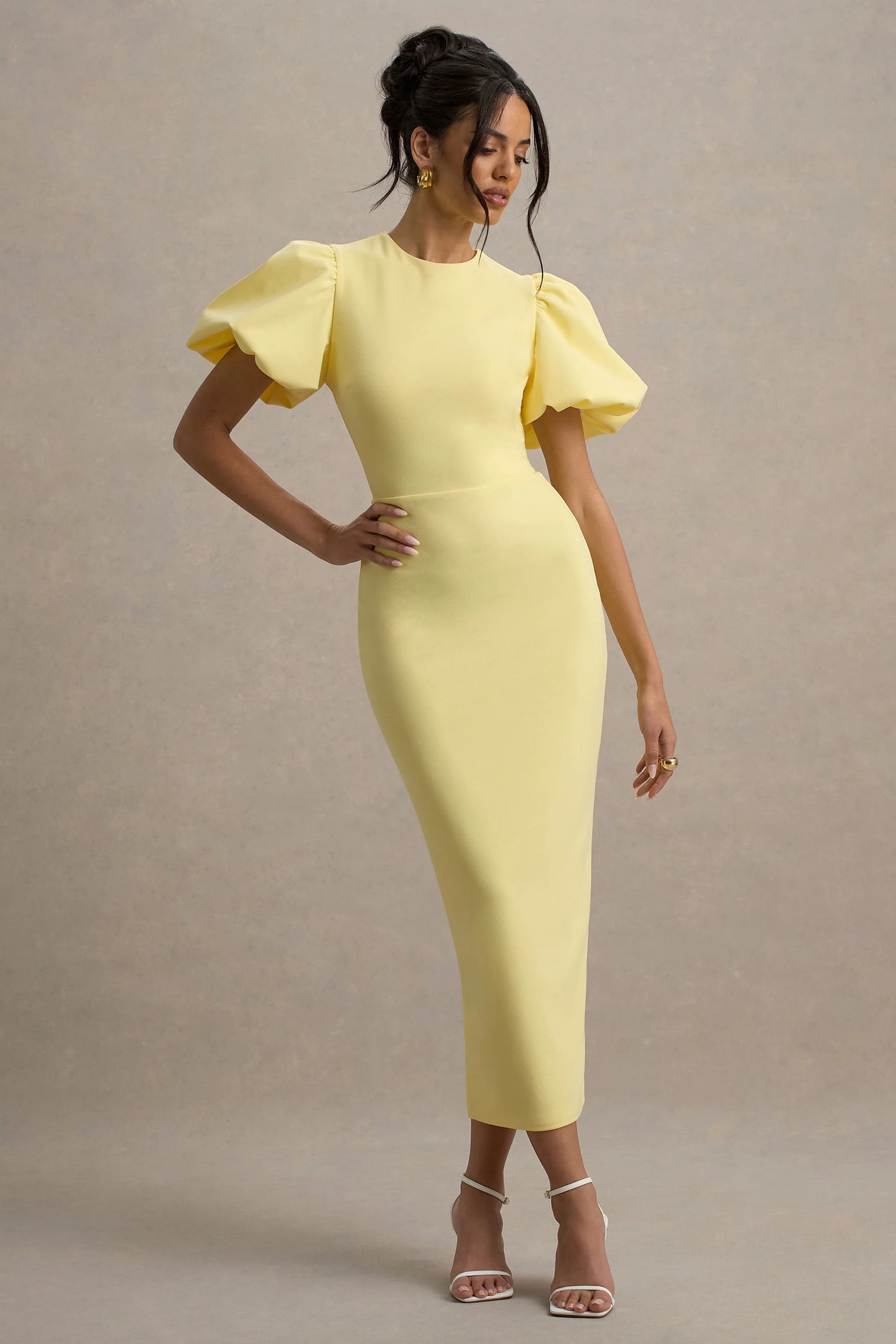 Dakota Lemon Puff-Sleeve Midi Dress