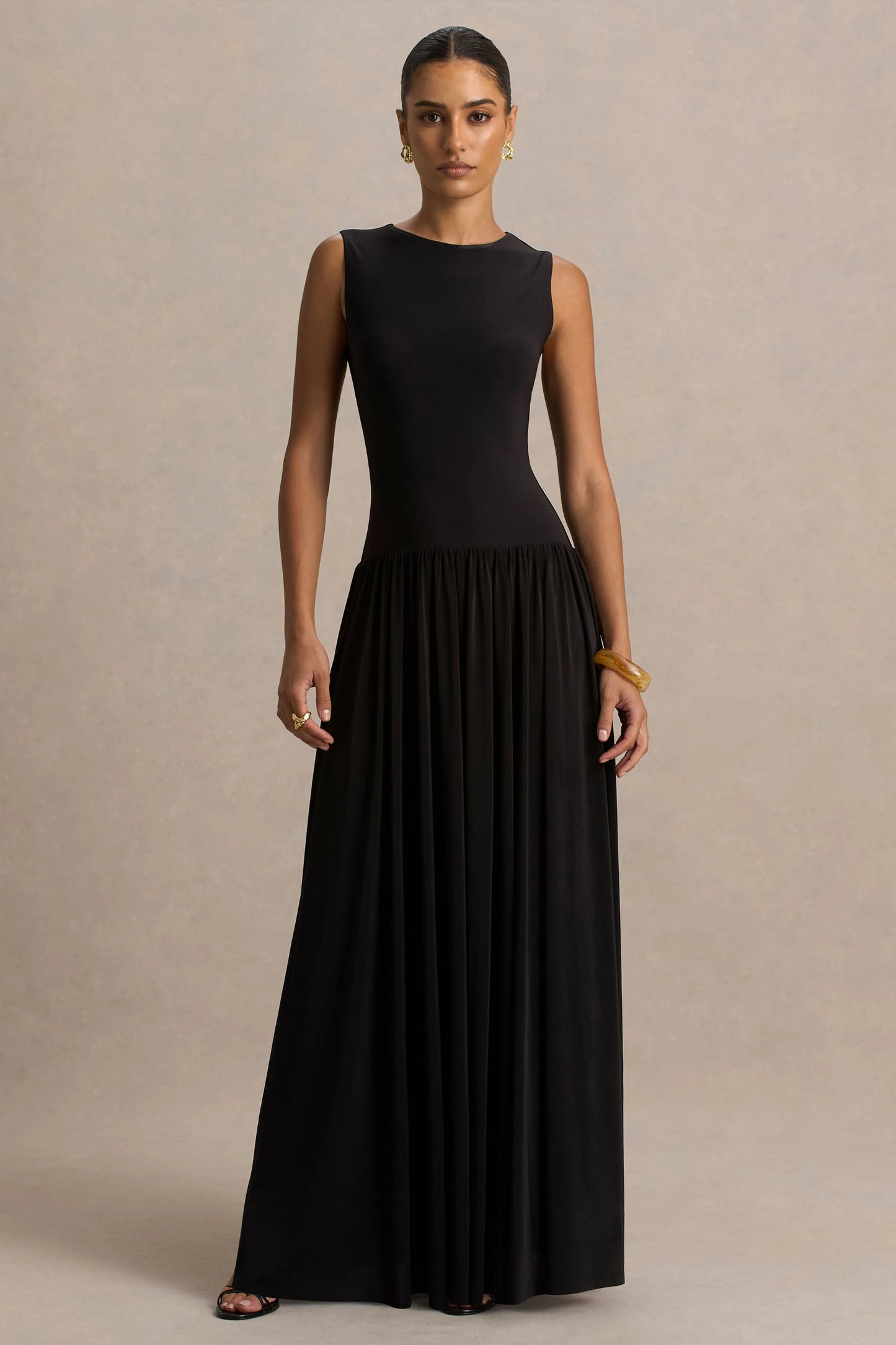 Rosalita Black Crew-Neck Maxi Dress With Drop-Waist
