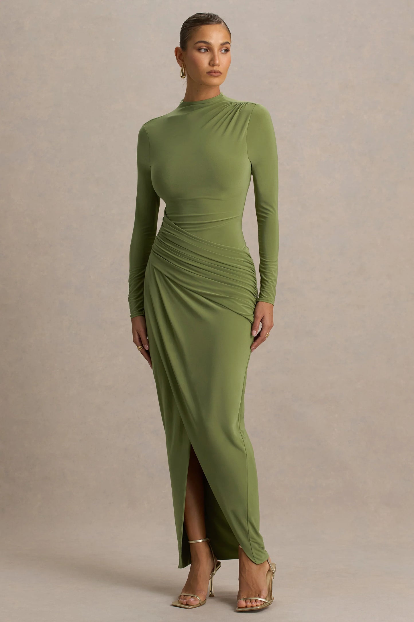 Zephyra Olive High-Neck Wrapped Maxi Dress
