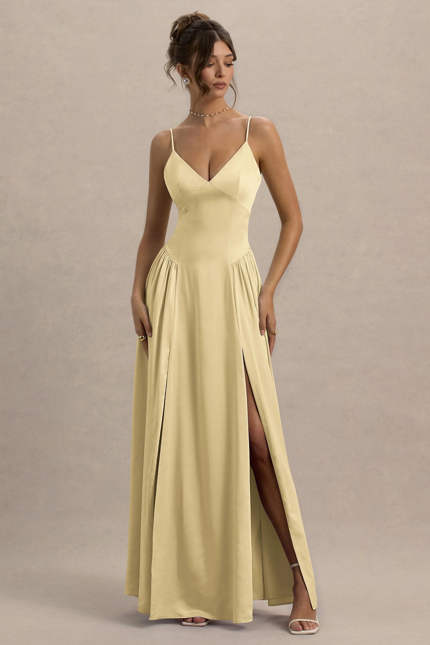 Jonas Lemon Plunge-Neck Maxi Dress With Cami Straps