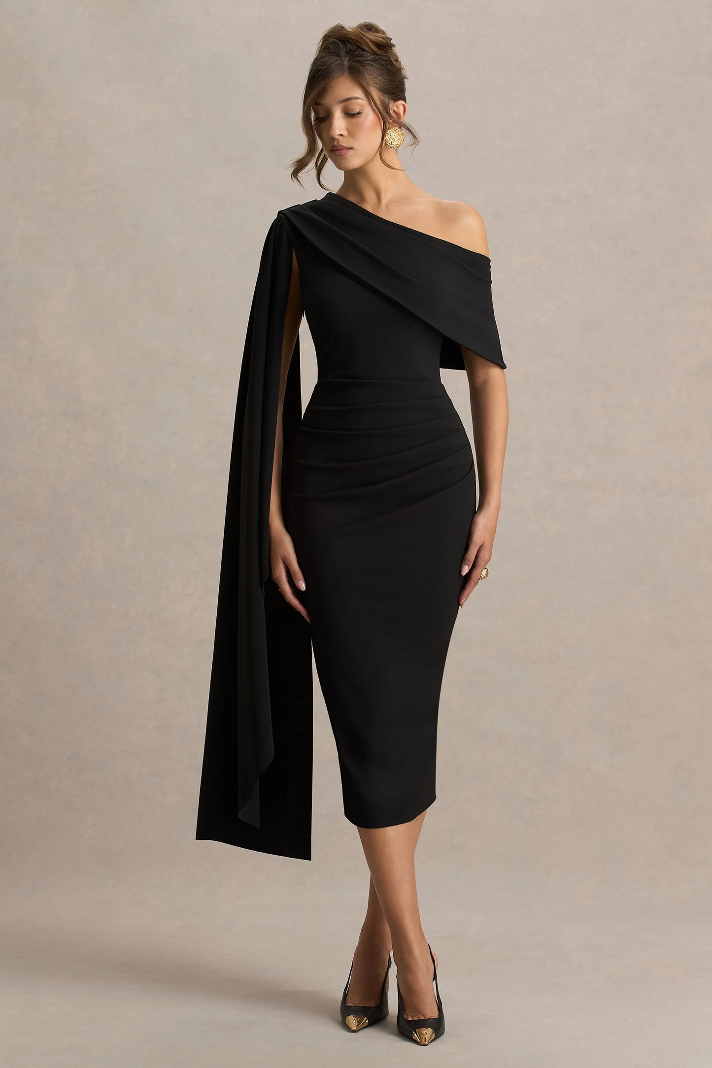 Leah Black Asymmetric-Neck Midi Dress With Cape-Sleeve
