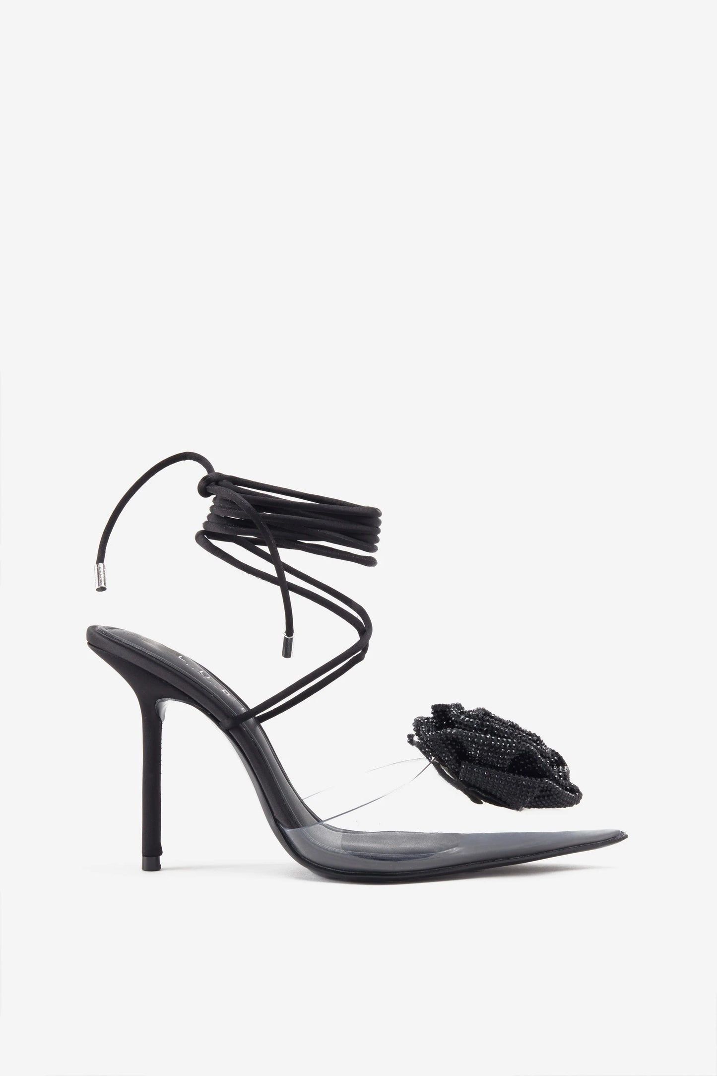 Sharpened Black Lace-Up Clear Stiletto Heels With Diamante Flowers