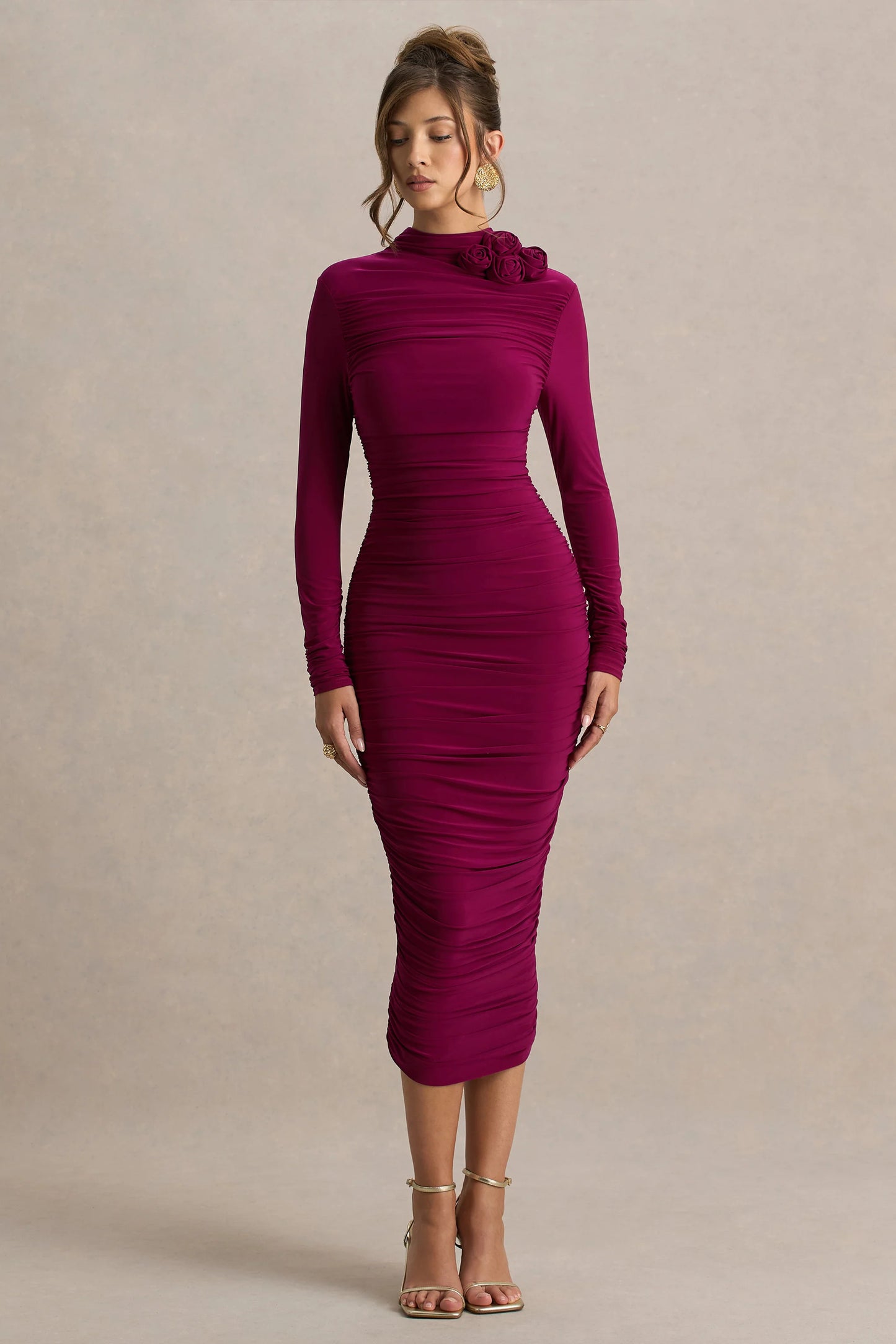 Tamara Burgundy Long-Sleeve Ruched Midi Dress