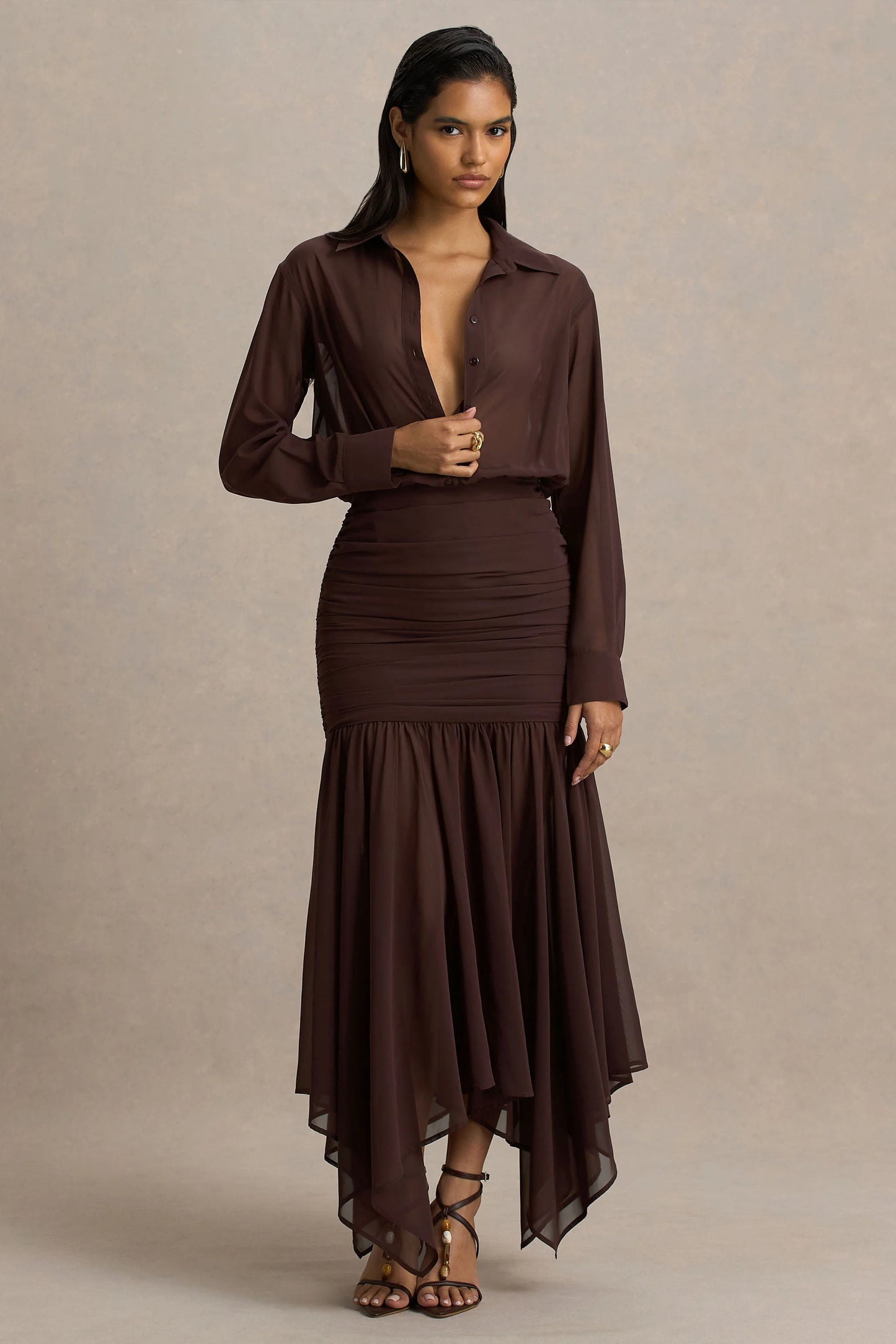 Kris Brown Plunge-Neck Maxi Dress With Ruched Detailing