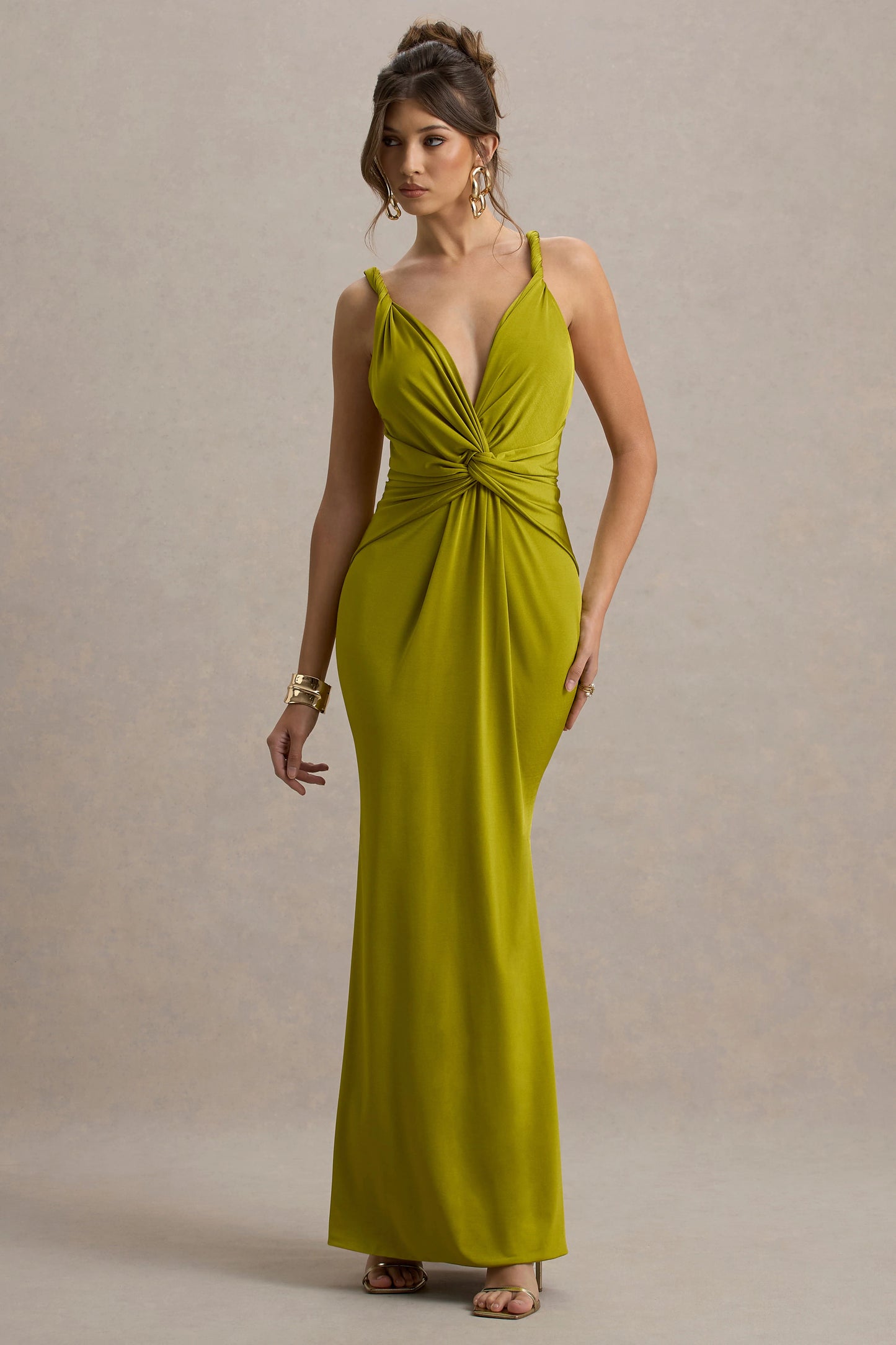 Santez Green Twisted Plunge-Neck Maxi Dress