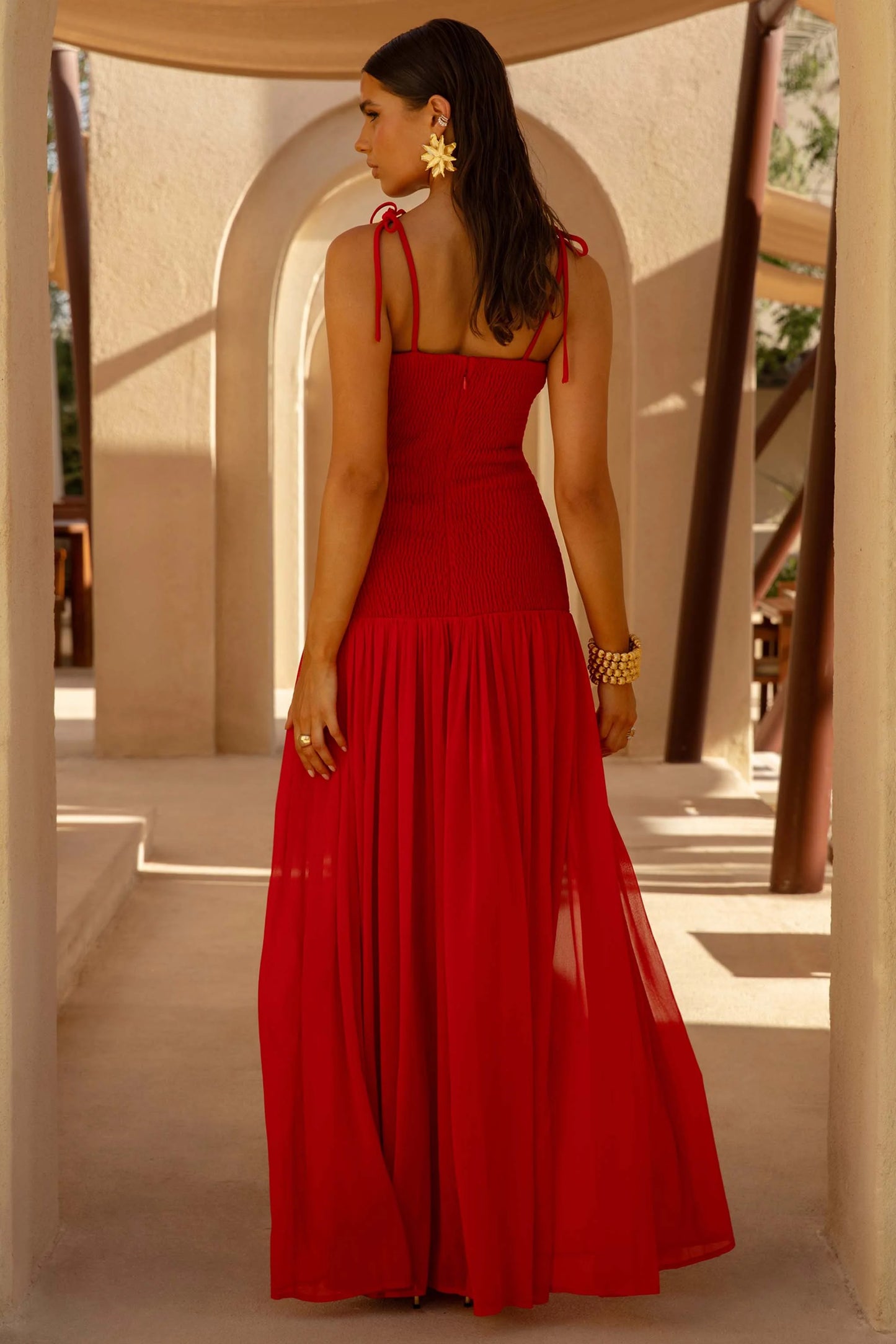 Maeva Red Square-Neck Fishtail Maxi Dress With Ruched Detailing